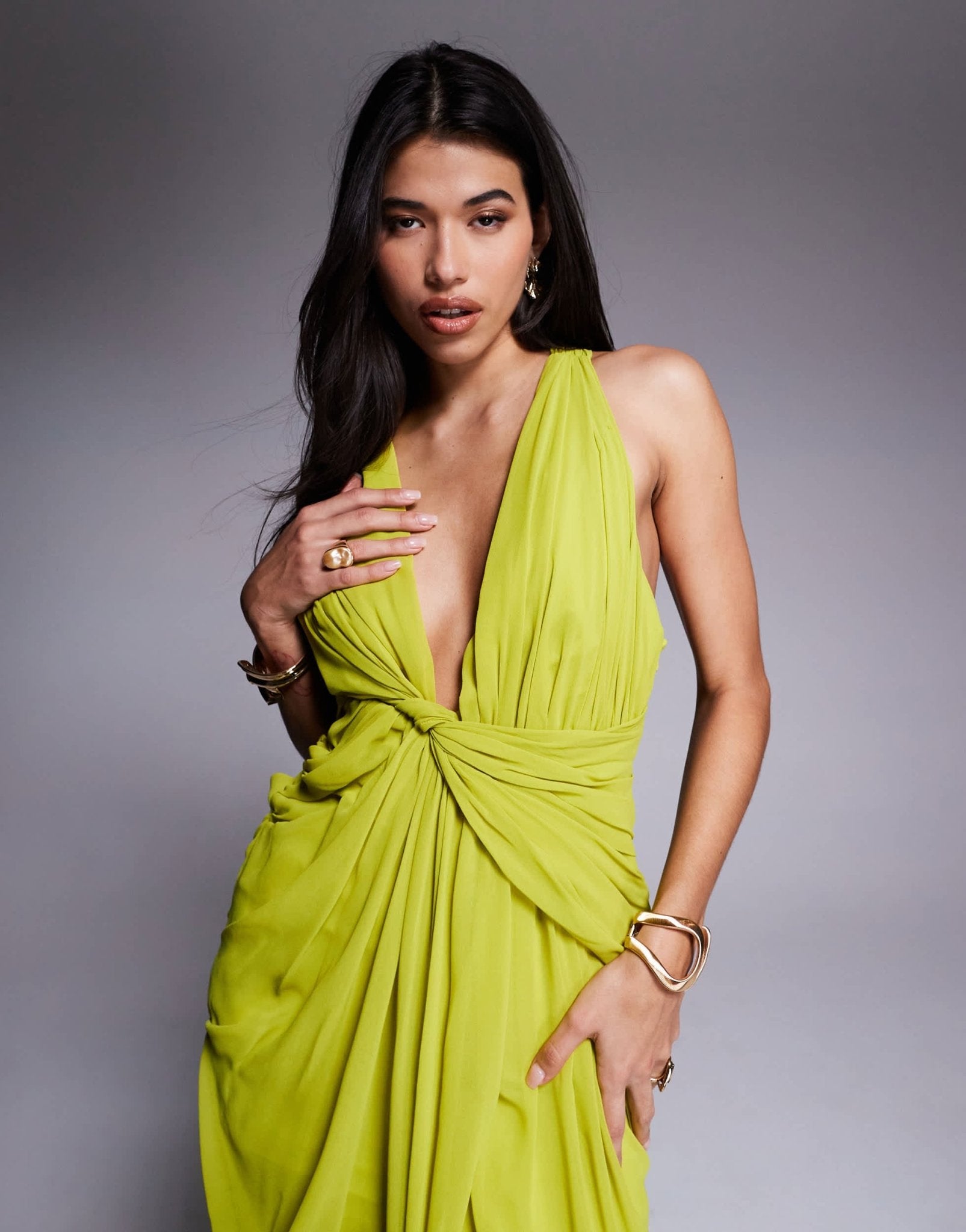 ASOS DESIGN draped plunge maxi dress with wrap detail in lime green - ASOS Sample Sale