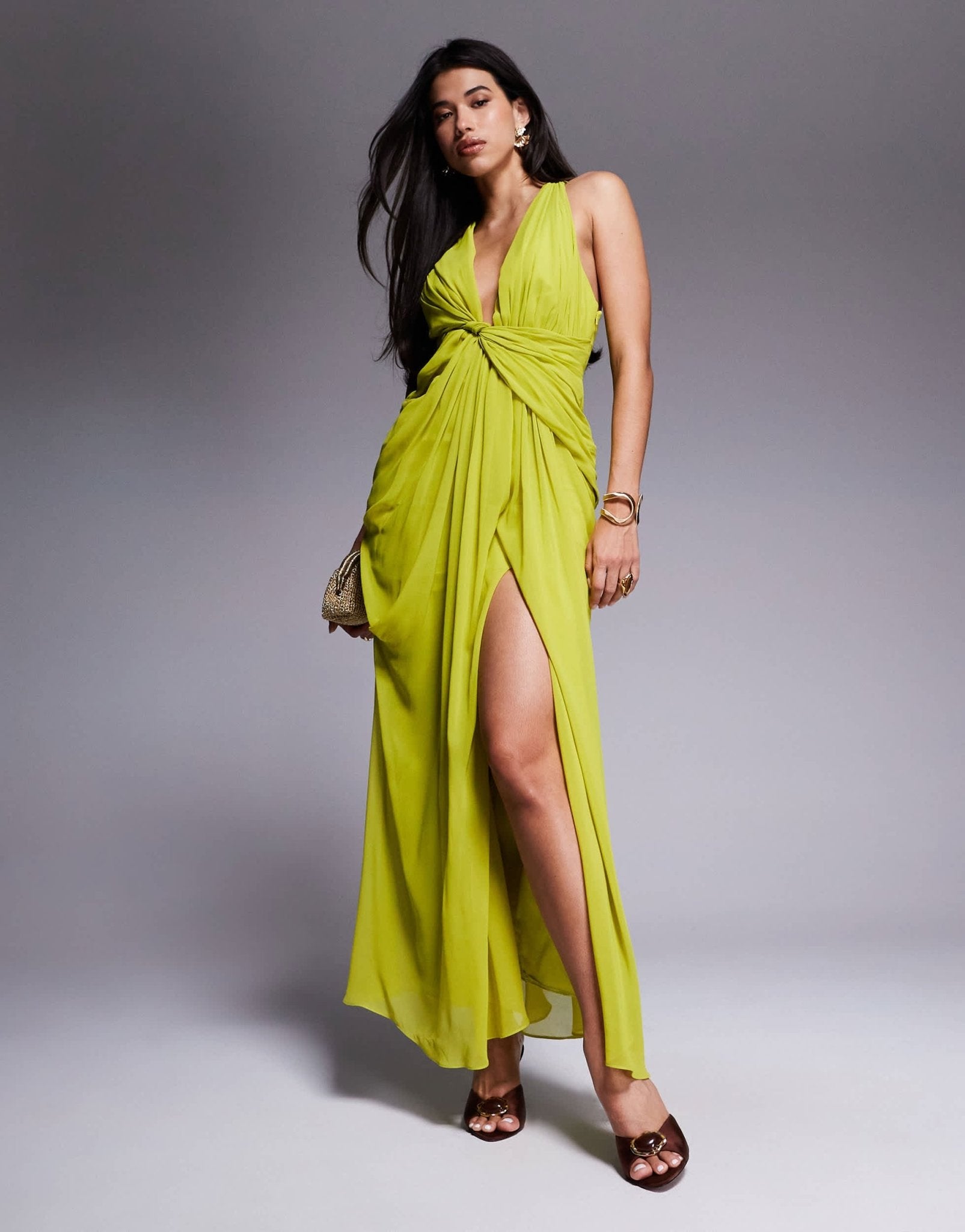 ASOS DESIGN draped plunge maxi dress with wrap detail in lime green - ASOS Sample Sale