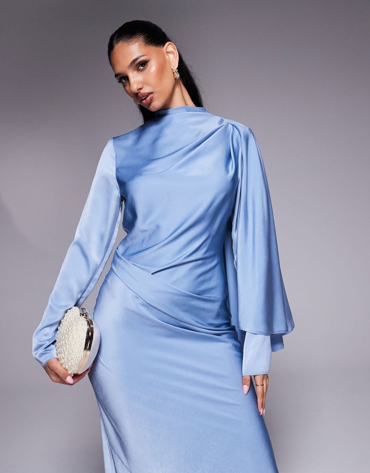 ASOS DESIGN draped satin bias maxi dress with scarf overlay detail in dusky blue - ASOS Sample Sale
