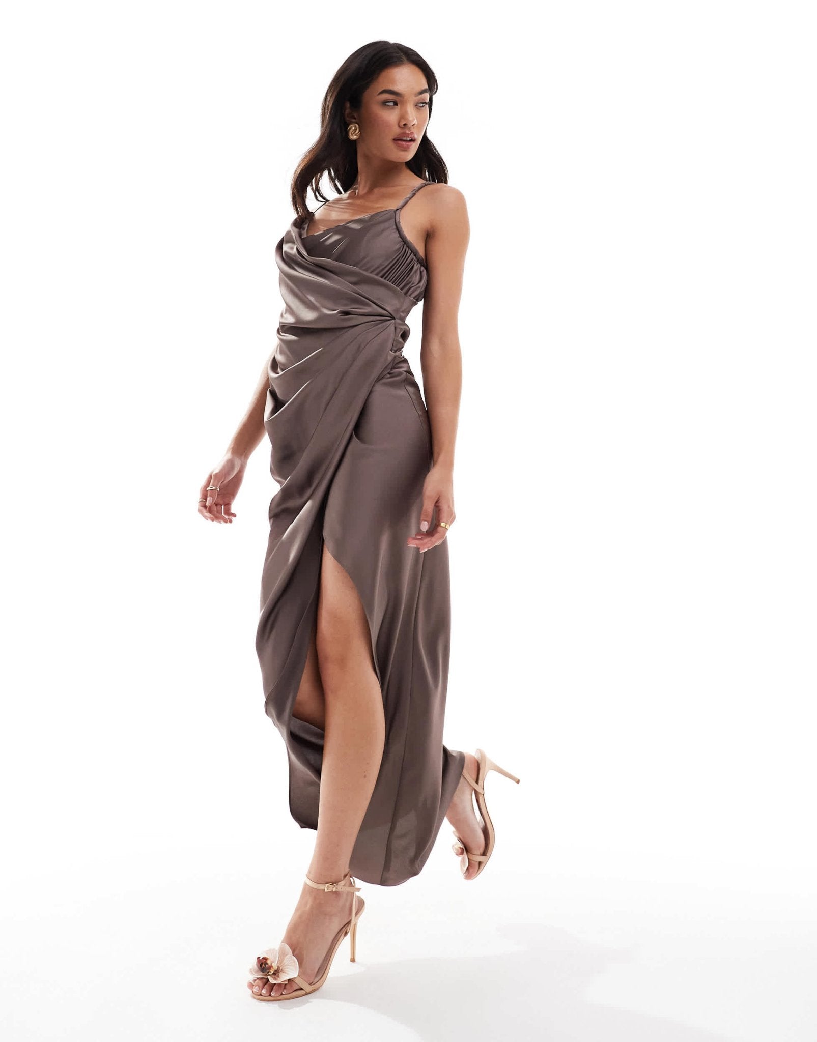 ASOS DESIGN draped satin maxi dress with twisted strap detail in mocha - ASOS Sample Sale