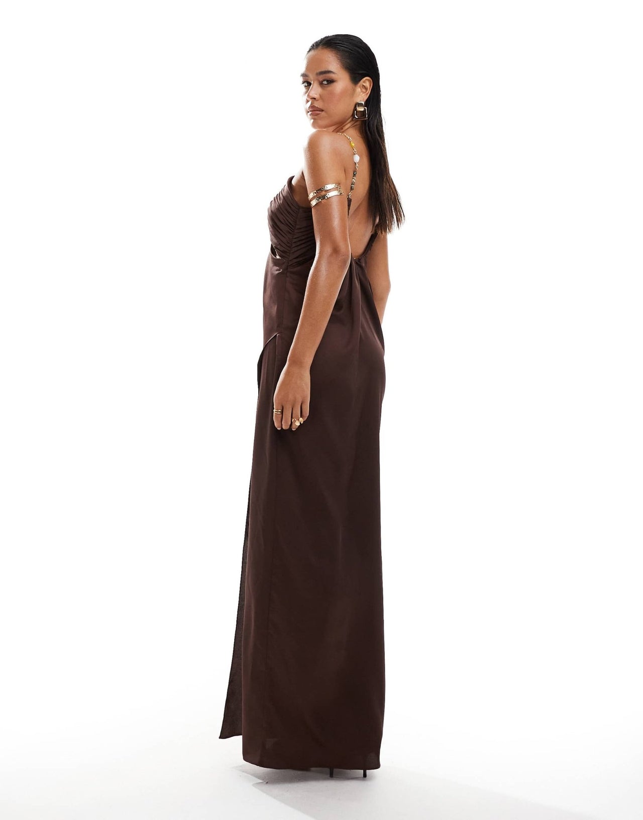 ASOS DESIGN draped satin wrap maxi dress with gold hardware and keyhole detail in chocolate - ASOS Sample Sale