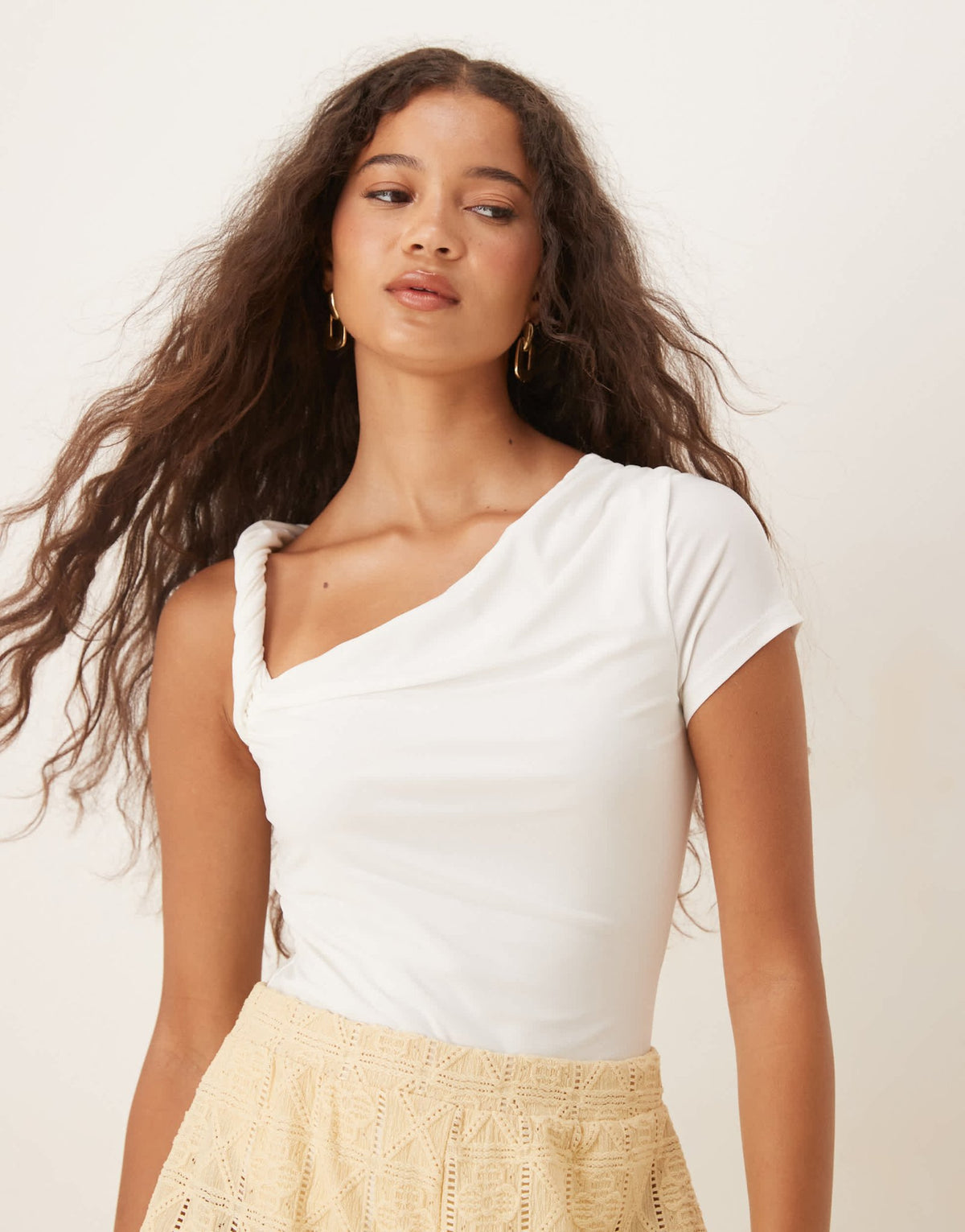 ASOS DESIGN draped twist shoulder cut out short sleeve bodysuit in cream - ASOS Sample Sale
