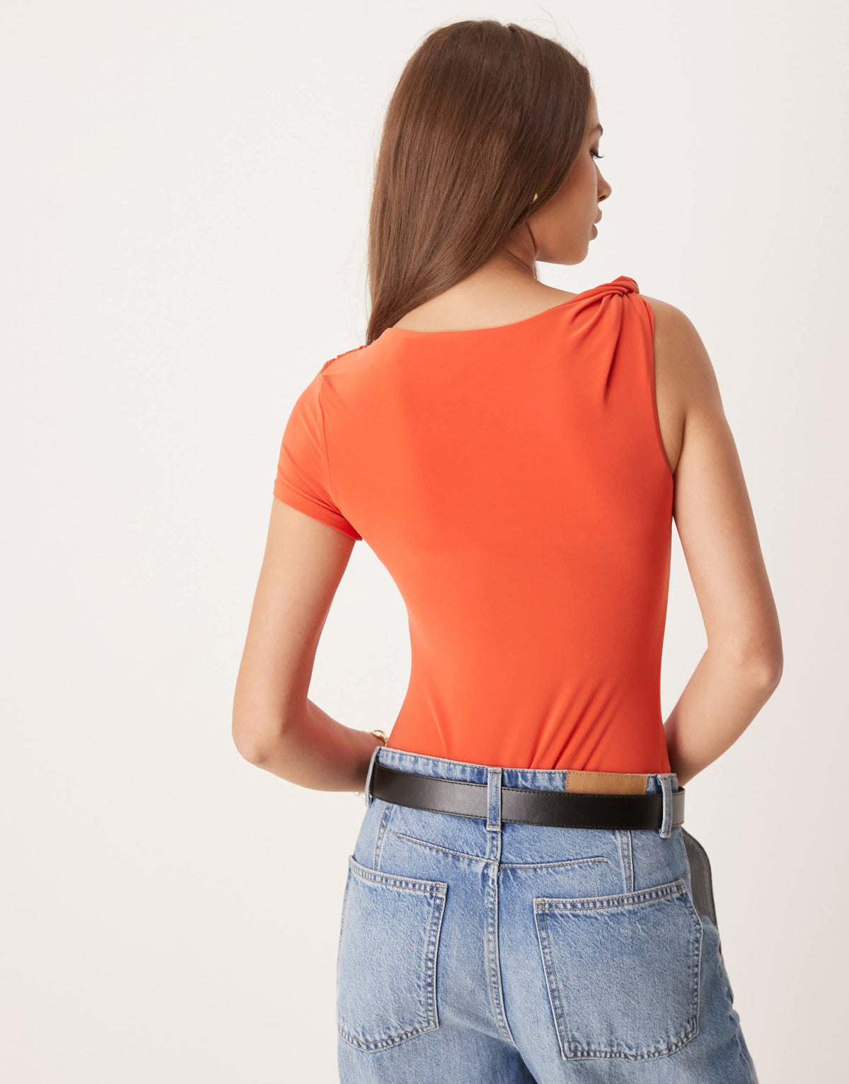 ASOS DESIGN draped twist shoulder cut out short sleeve bodysuit in orange - ASOS Sample Sale