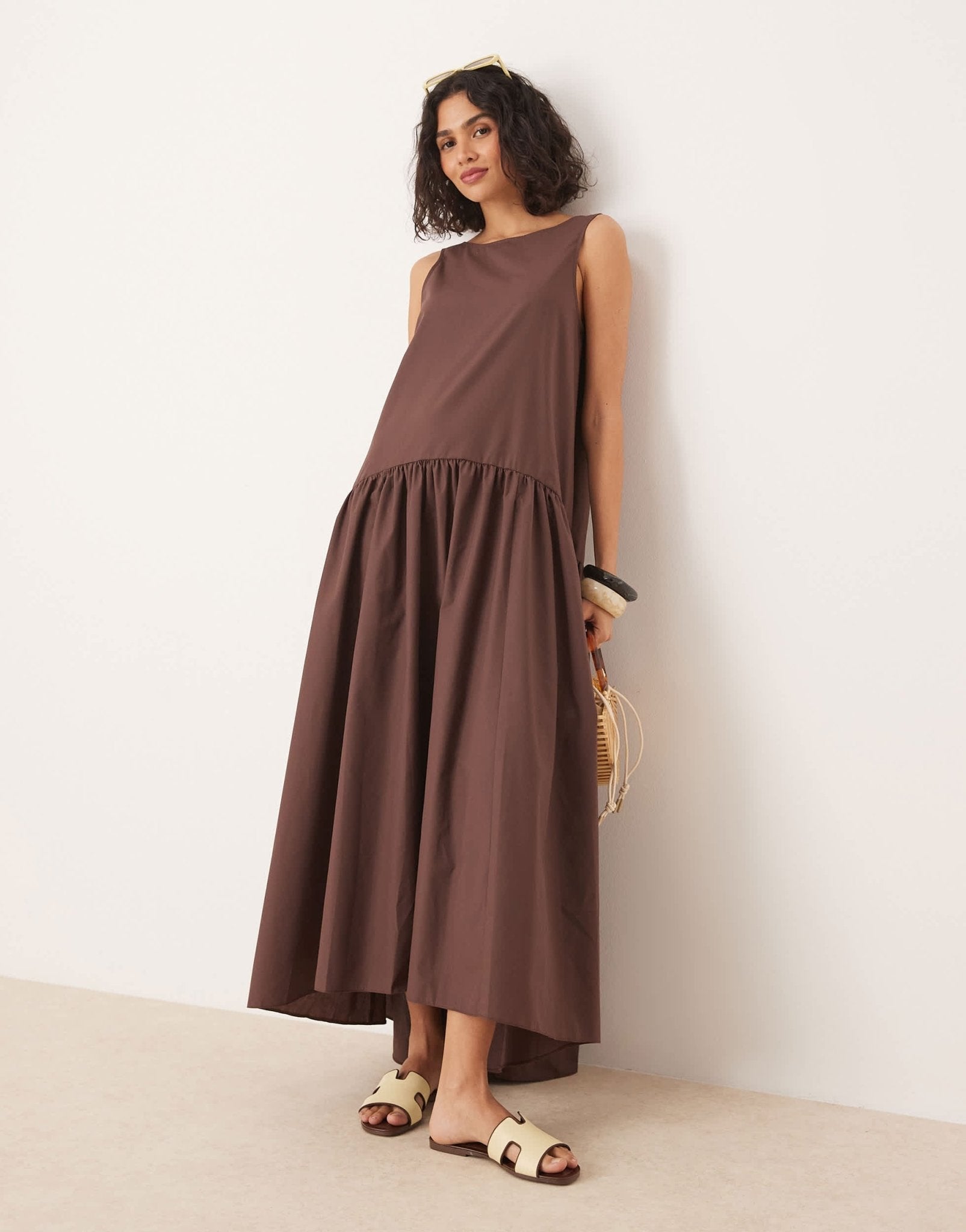 ASOS DESIGN drop waist cotton maxi dress in chocolate - ASOS Sample Sale