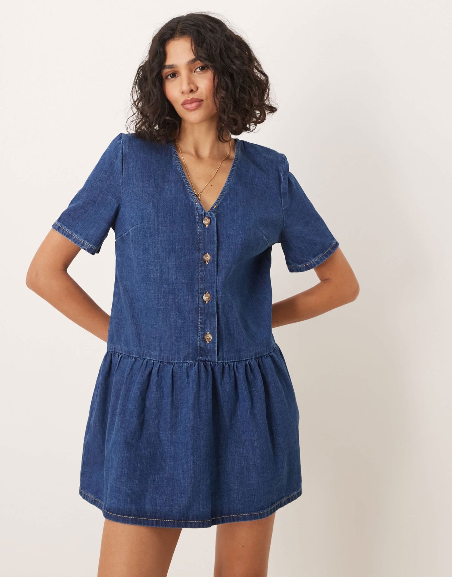 ASOS DESIGN drop waist denim v neck mini dress in indigo - ASOS Sample Sale