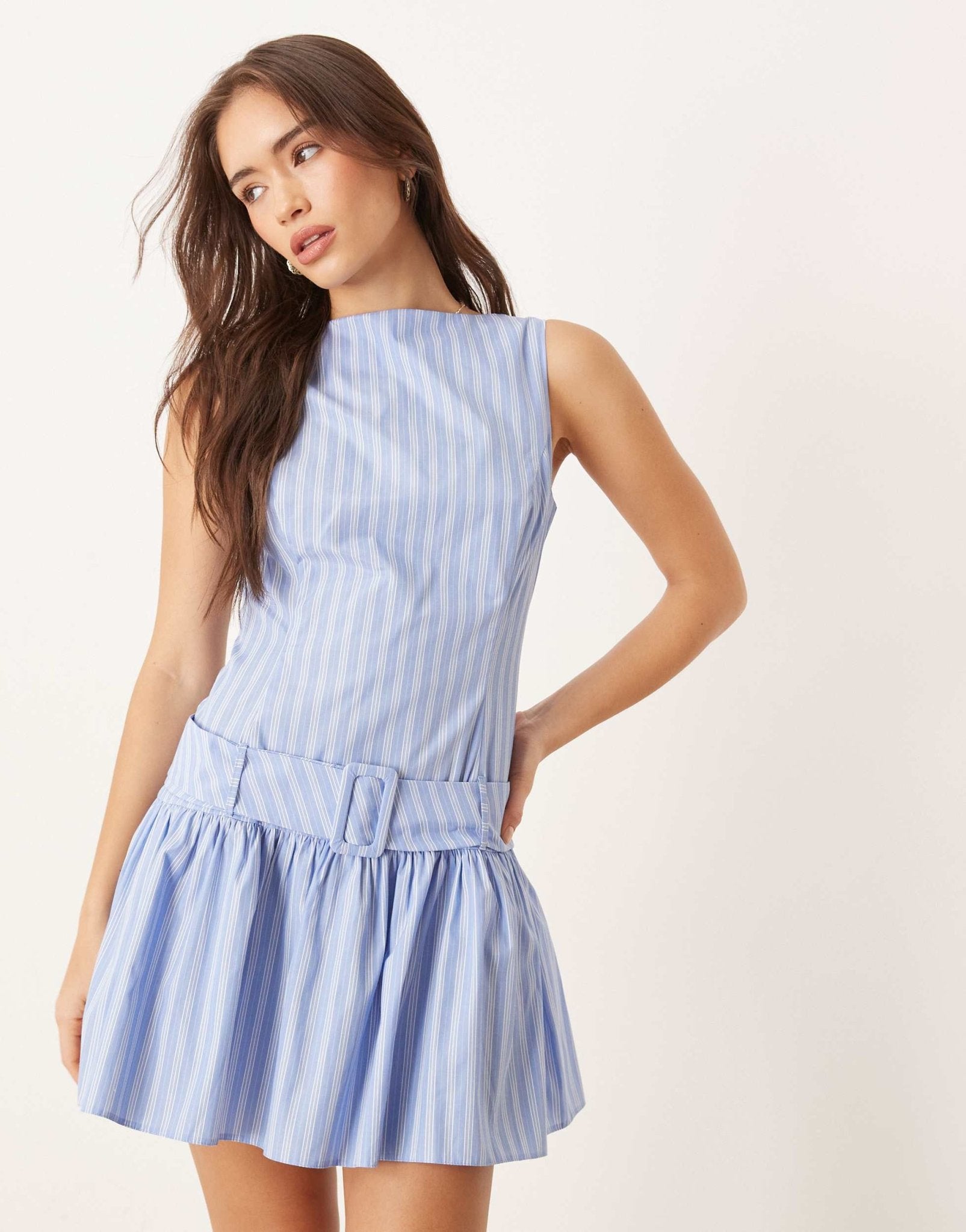 ASOS DESIGN drop waist mini dress with belt detail in blue stripe - ASOS Sample Sale