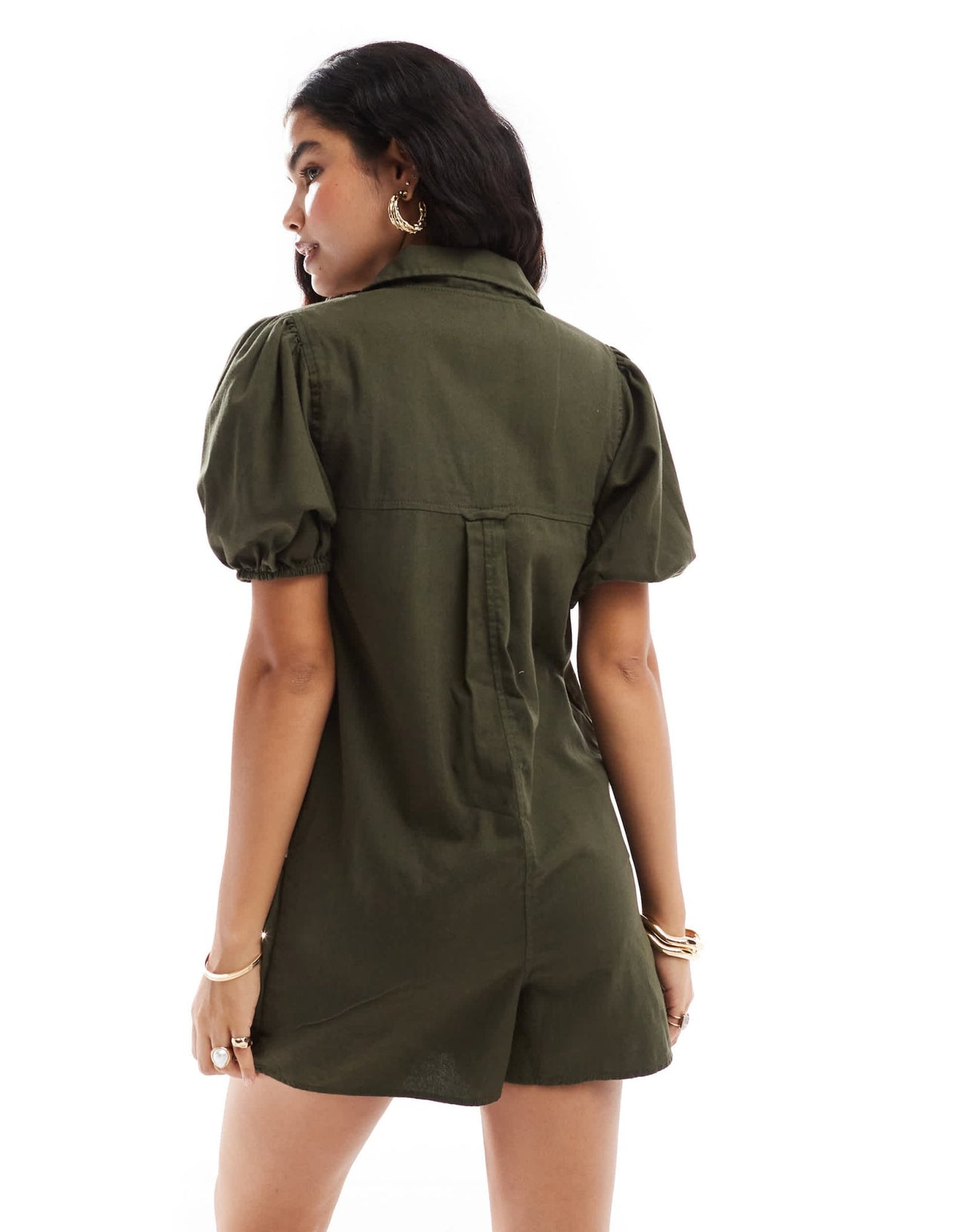 ASOS DESIGN dropped drawstring pocket playsuit with puff sleeve detail in dark olive - ASOS Sample Sale
