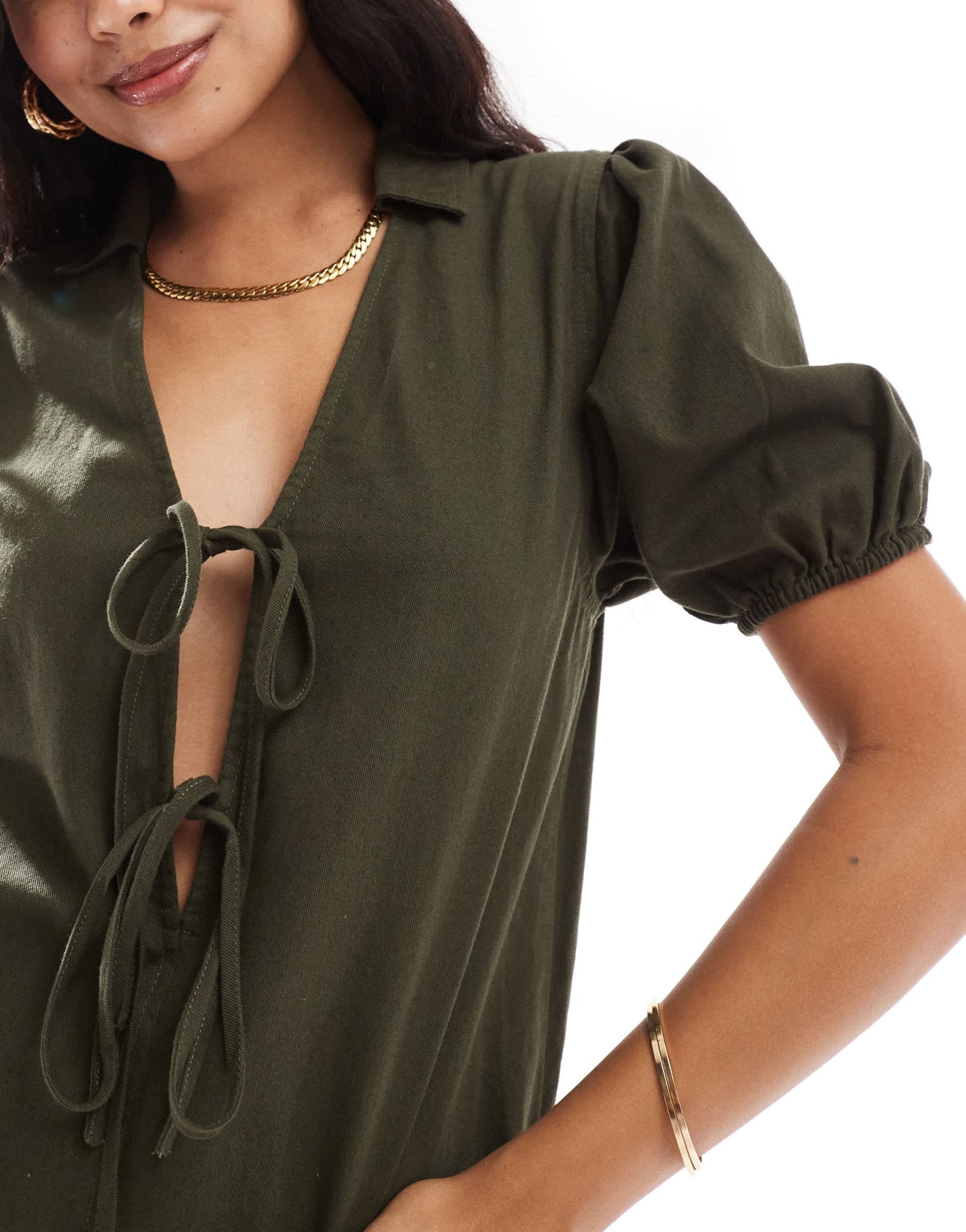 ASOS DESIGN dropped drawstring pocket playsuit with puff sleeve detail in dark olive - ASOS Sample Sale