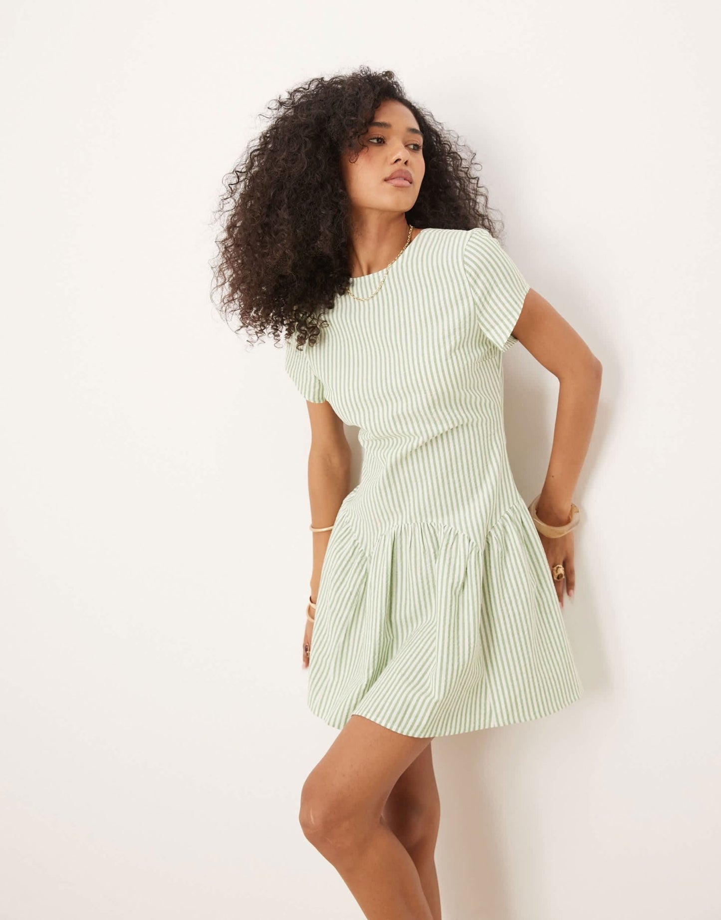 ASOS DESIGN dropped waist t shirt mini dress in green stripe print - ASOS Sample Sale