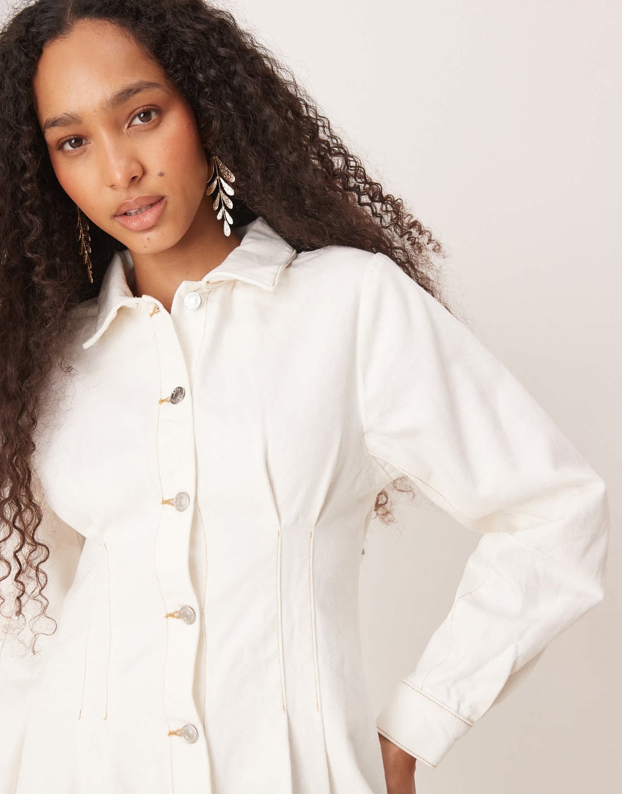 ASOS DESIGN ecru denim shirt dress with cinch waist and cocoon sleeve - ASOS Sample Sale