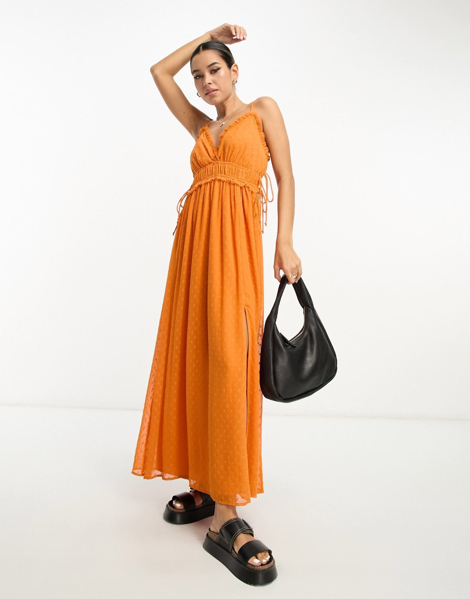 ASOS DESIGN elasticated frill waist midi slip dress in orange dobby - ASOS Sample Sale