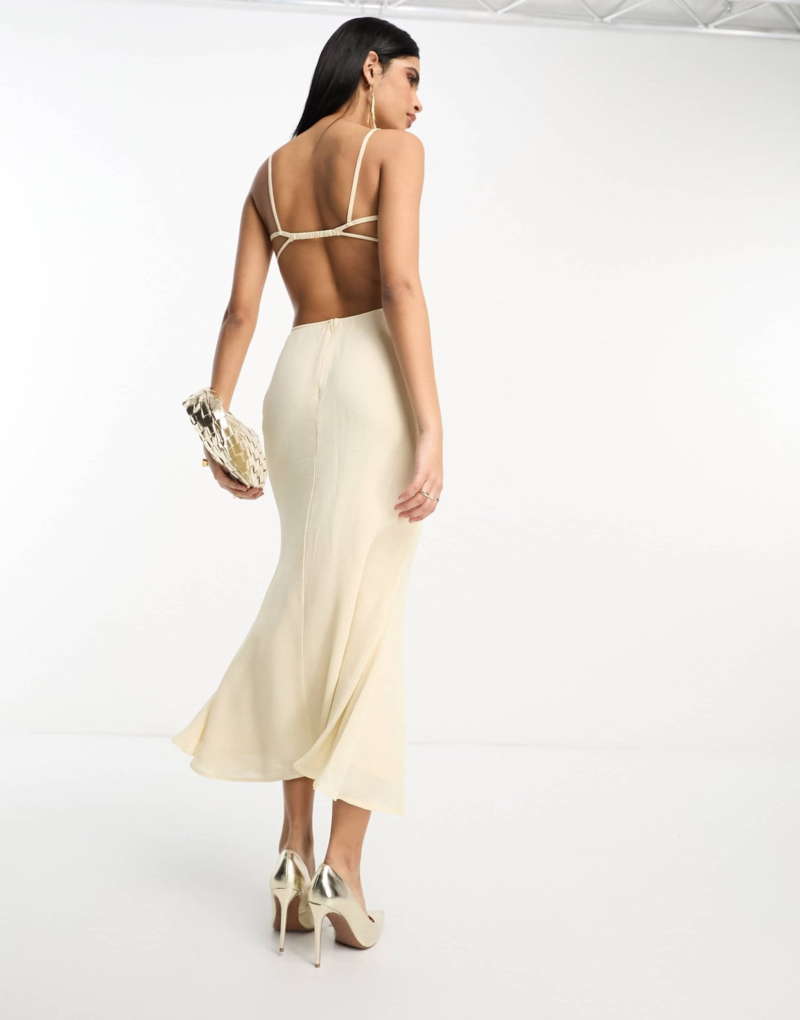 ASOS DESIGN elasticated strappy midi dress with open back in ivory - ASOS Sample Sale