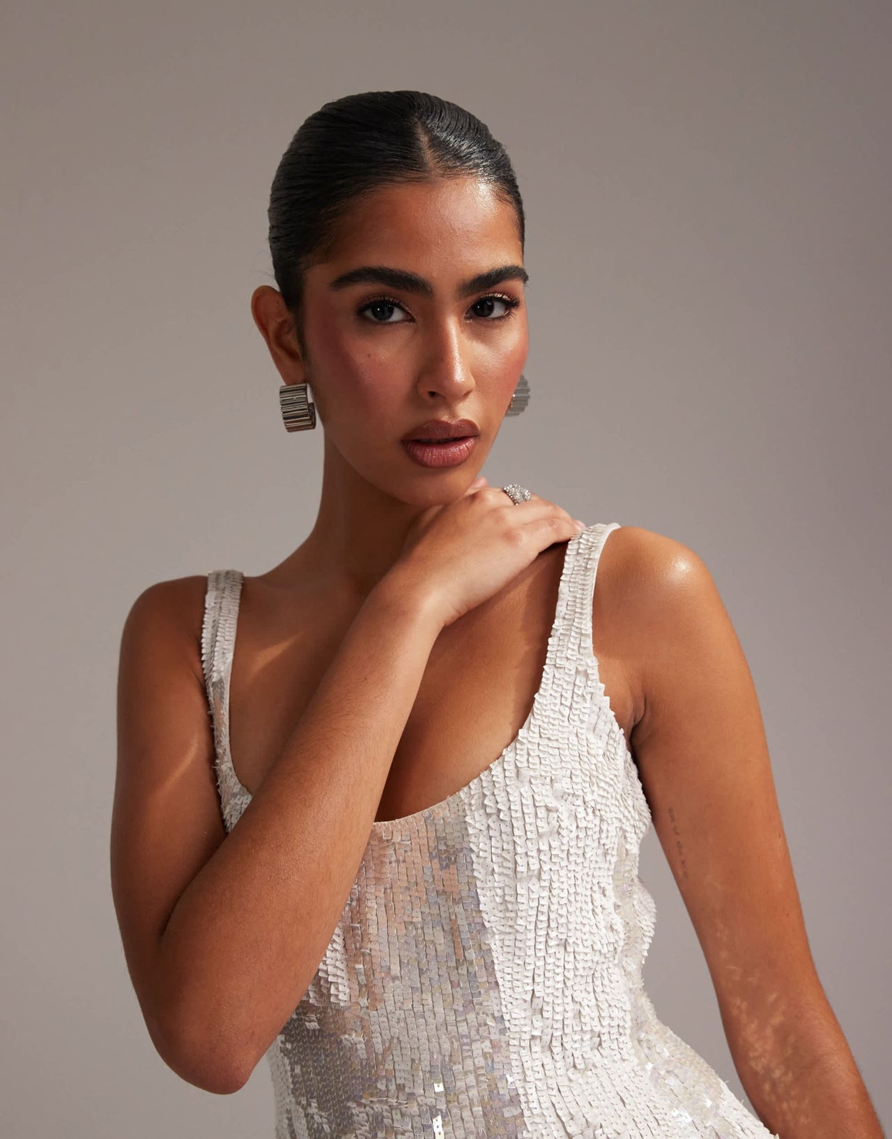 ASOS DESIGN embellished square neck mini shift dress in ivory - ASOS Sample Sale