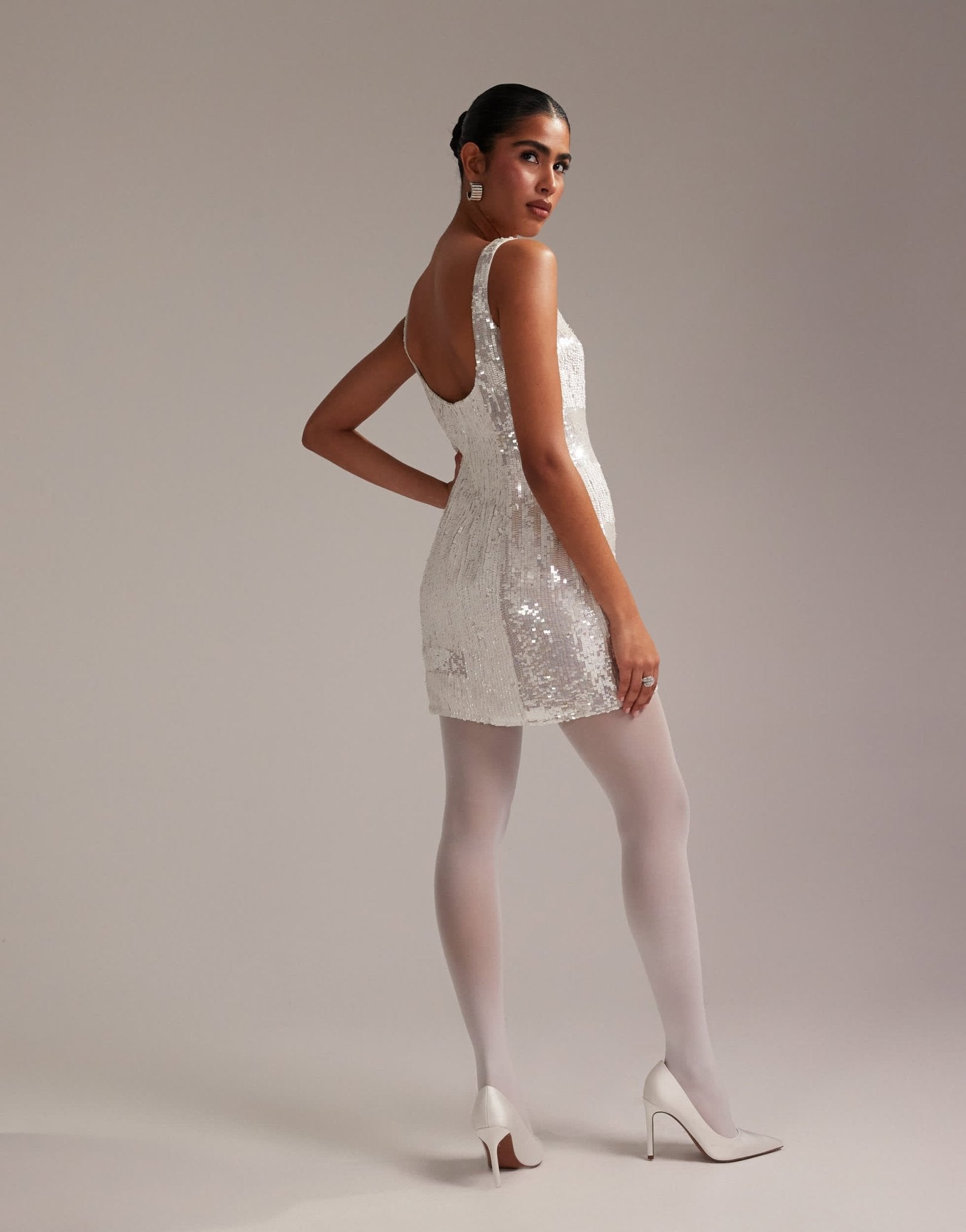 ASOS DESIGN embellished square neck mini shift dress in ivory - ASOS Sample Sale