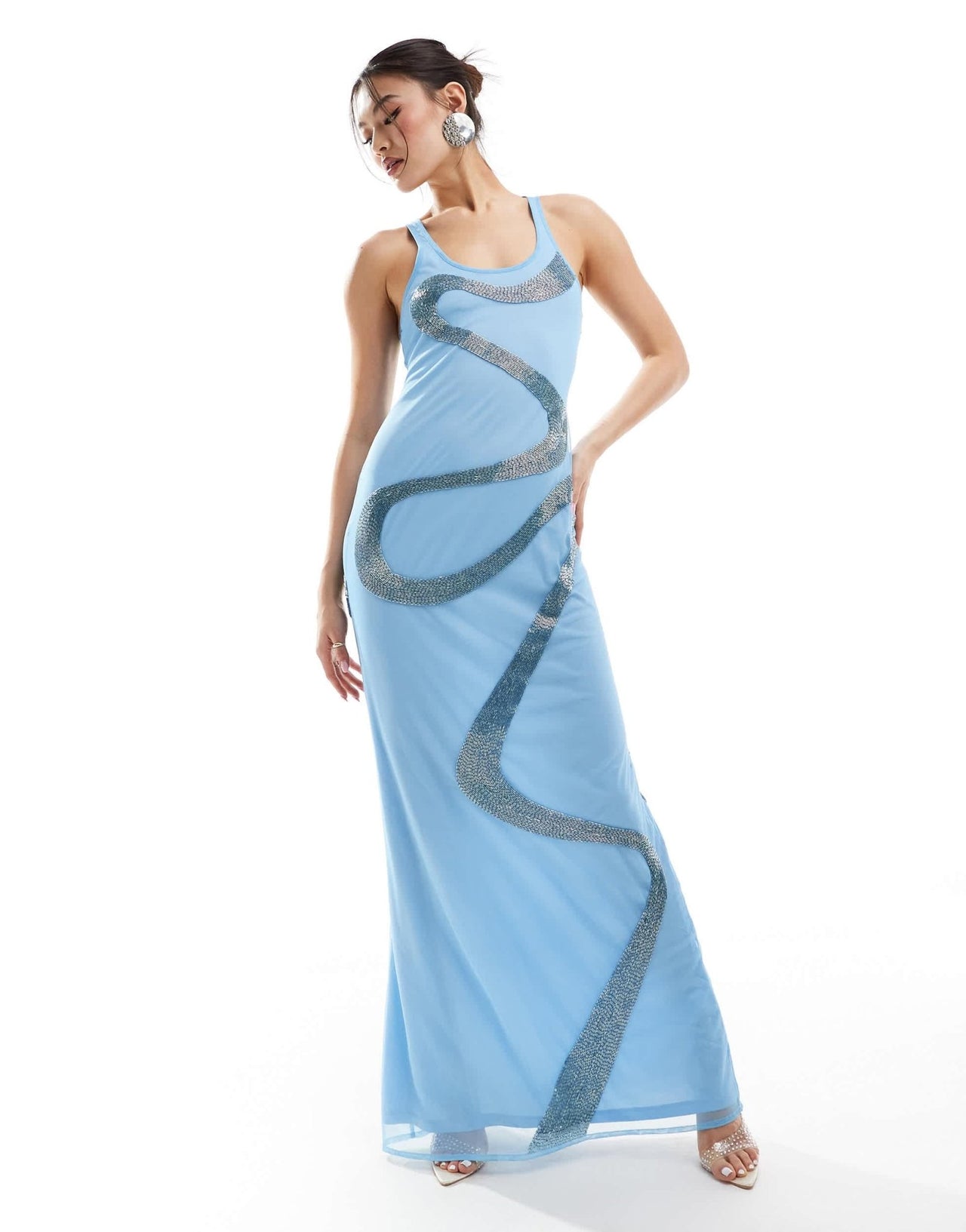 ASOS DESIGN embellished swirl detail mesh maxi dress in light blue - ASOS Sample Sale