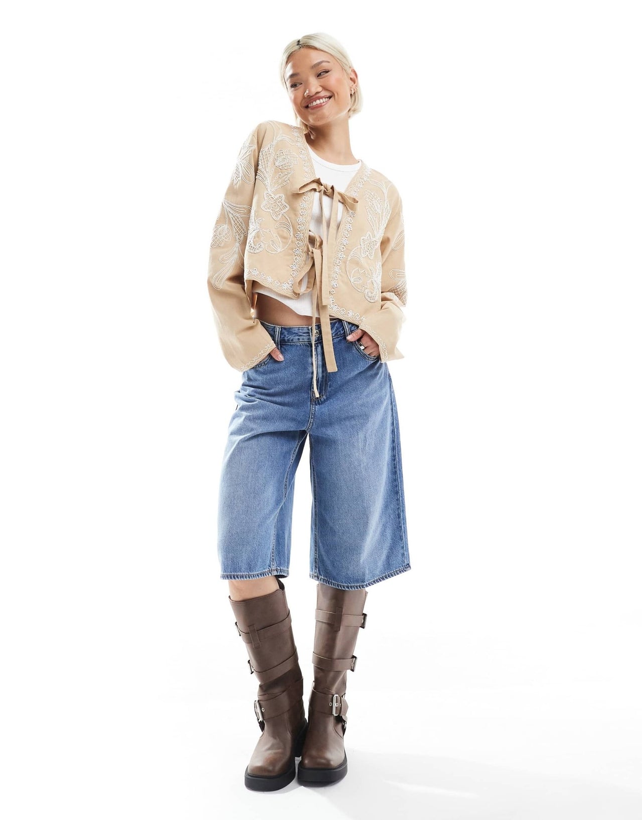 ASOS DESIGN embroidered bow front cropped jacket in stone - ASOS Sample Sale