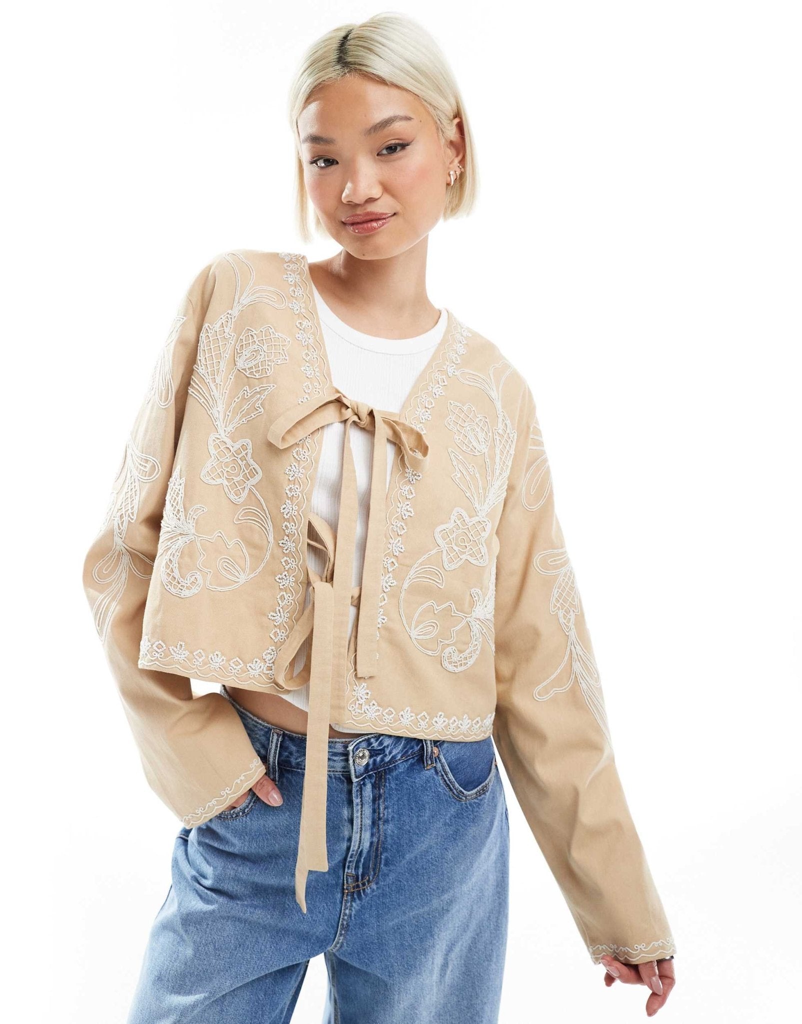 ASOS DESIGN embroidered bow front cropped jacket in stone - ASOS Sample Sale