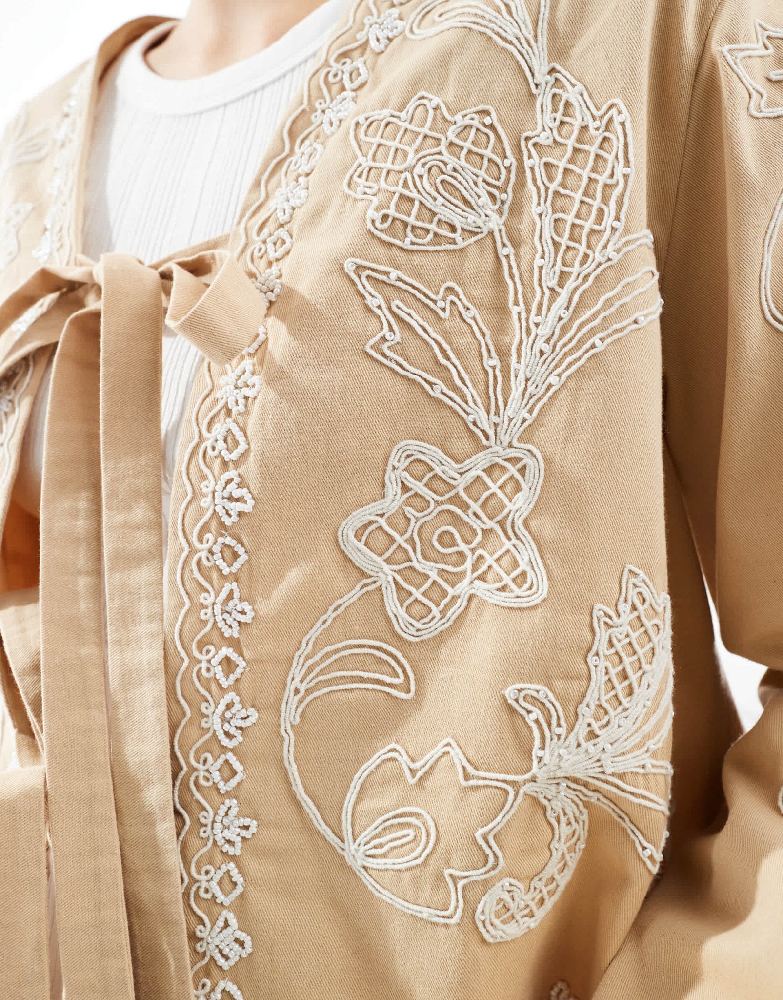 ASOS DESIGN embroidered bow front cropped jacket in stone - ASOS Sample Sale