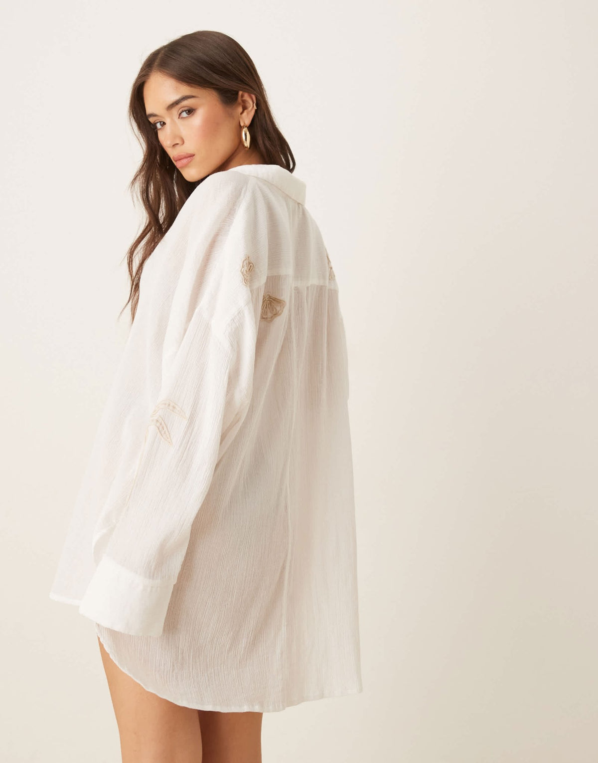 ASOS DESIGN embroidered cotton crinkle cover up beach shirt in white - ASOS Sample Sale