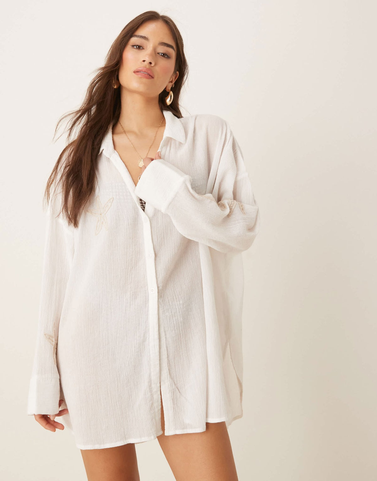 ASOS DESIGN embroidered cotton crinkle cover up beach shirt in white - ASOS Sample Sale
