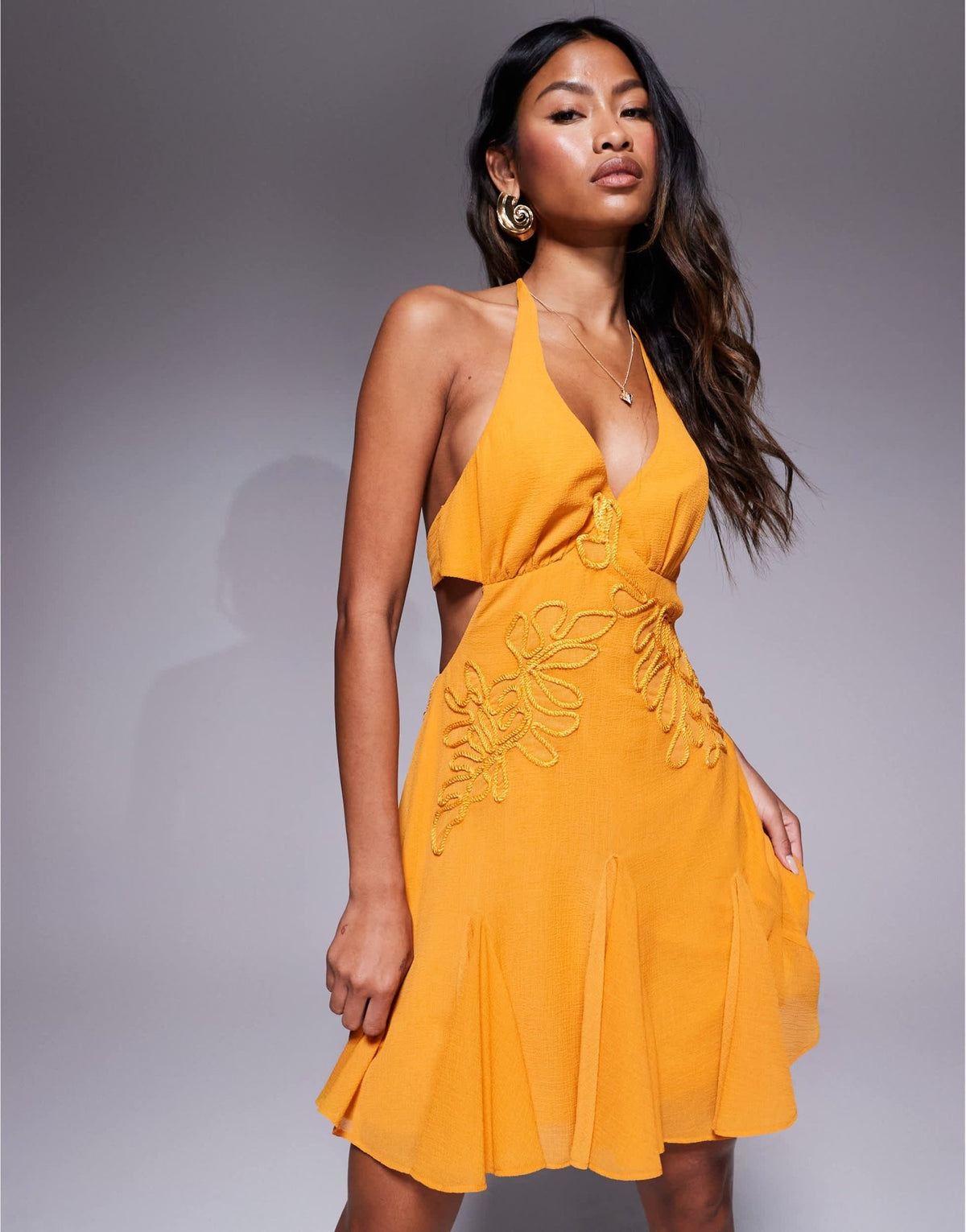 ASOS DESIGN embroidered halter mini dress with godets in bright orange - ASOS Sample Sale