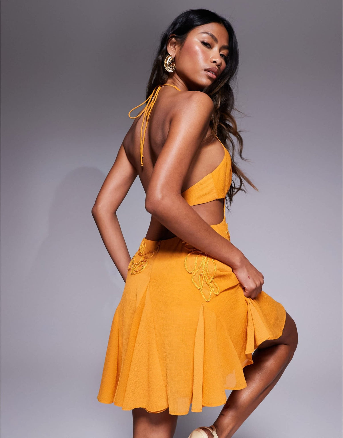 ASOS DESIGN embroidered halter mini dress with godets in bright orange - ASOS Sample Sale