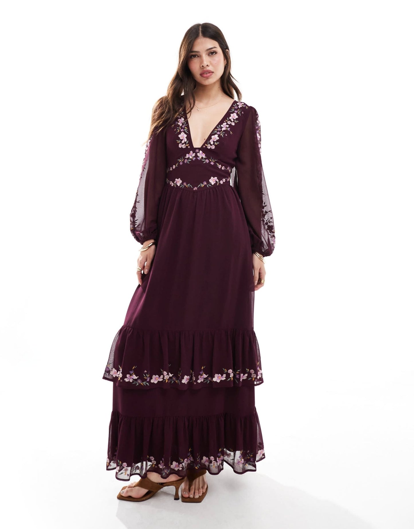 ASOS DESIGN embroidered long sleeve plunge tiered maxi dress in burgundy - ASOS Sample Sale