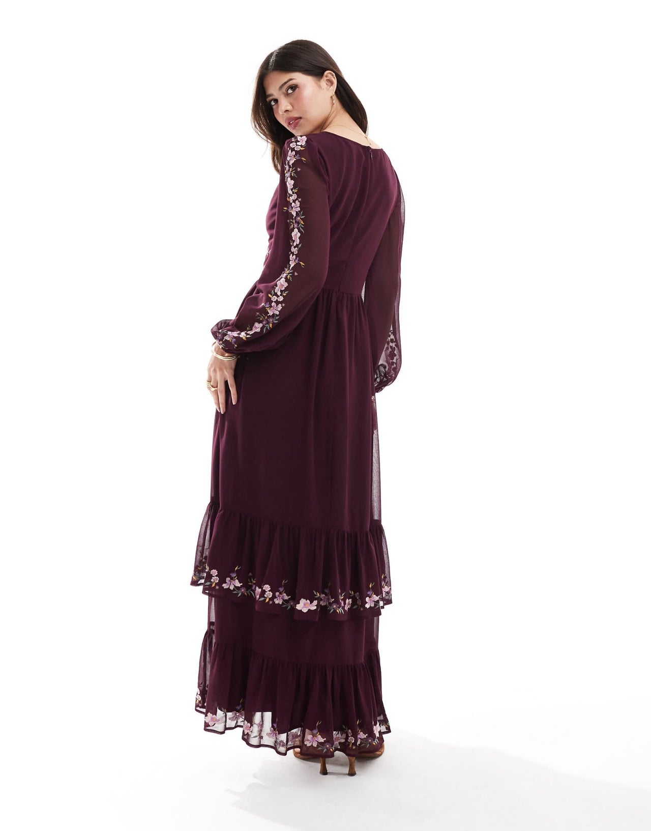 ASOS DESIGN embroidered long sleeve plunge tiered maxi dress in burgundy - ASOS Sample Sale