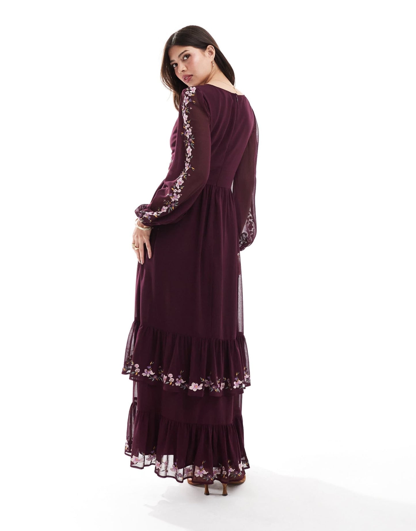 ASOS DESIGN embroidered long sleeve plunge tiered maxi dress in burgundy - ASOS Sample Sale