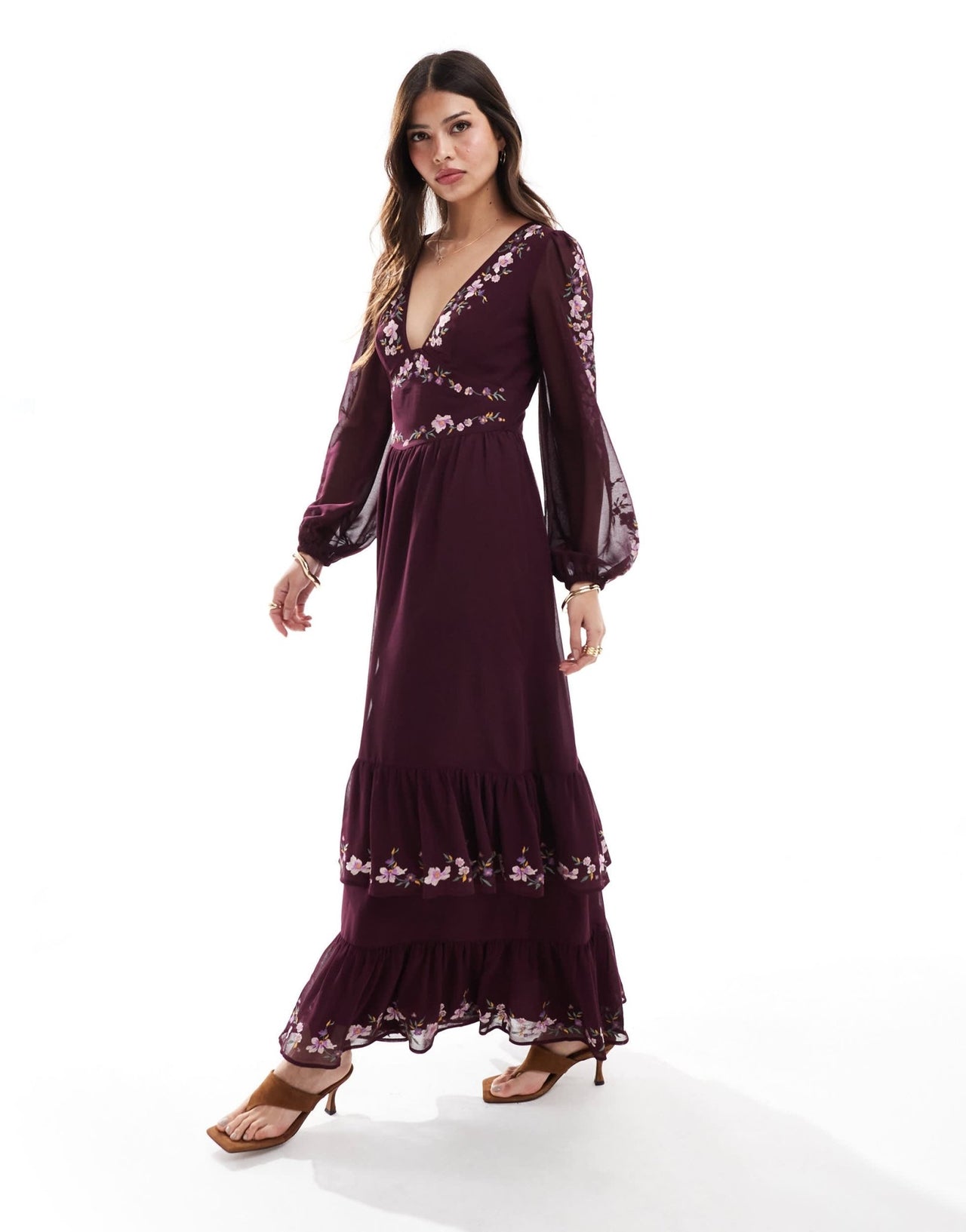 ASOS DESIGN embroidered long sleeve plunge tiered maxi dress in burgundy - ASOS Sample Sale