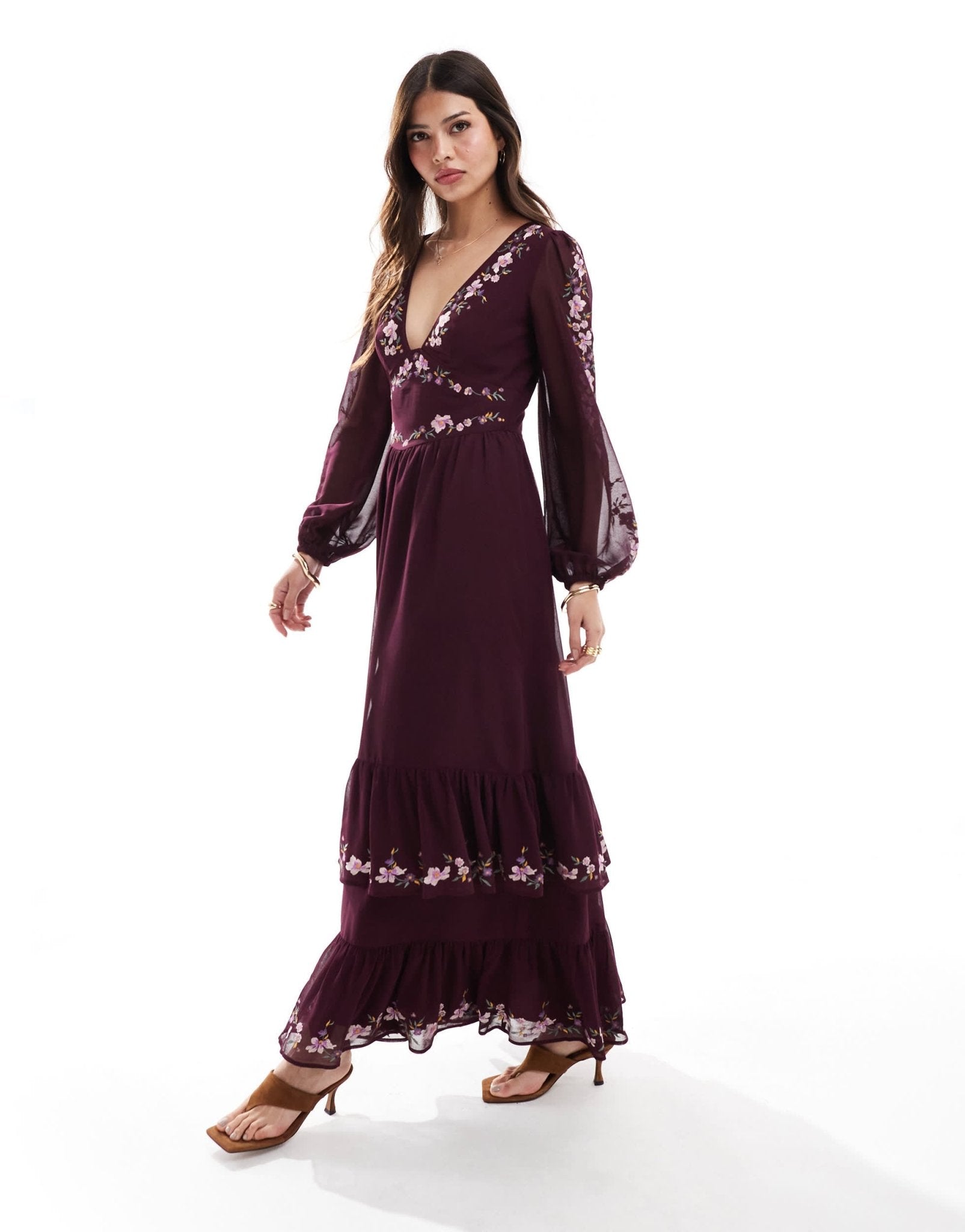 ASOS DESIGN embroidered long sleeve plunge tiered maxi dress in burgundy - ASOS Sample Sale