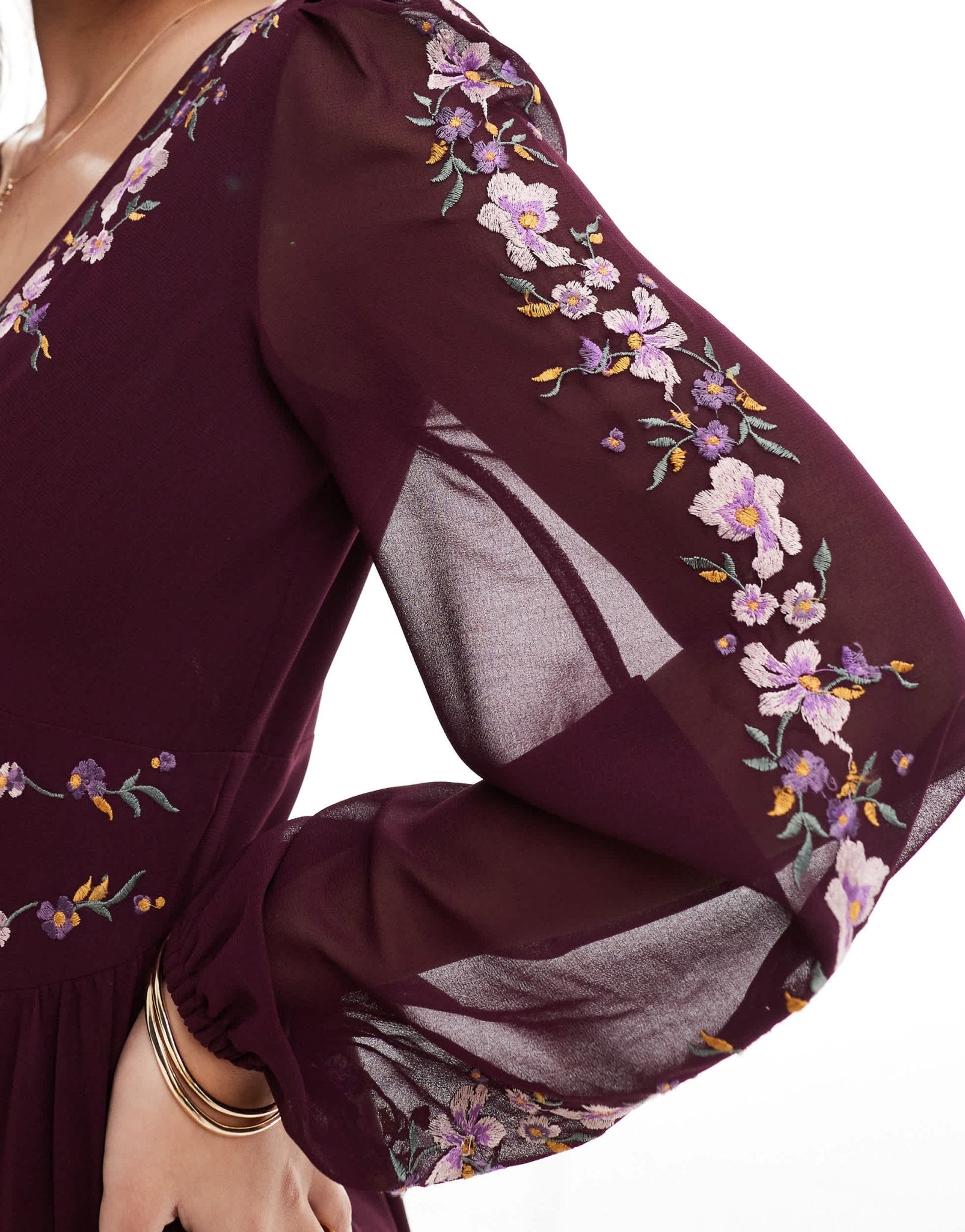 ASOS DESIGN embroidered long sleeve plunge tiered maxi dress in burgundy - ASOS Sample Sale
