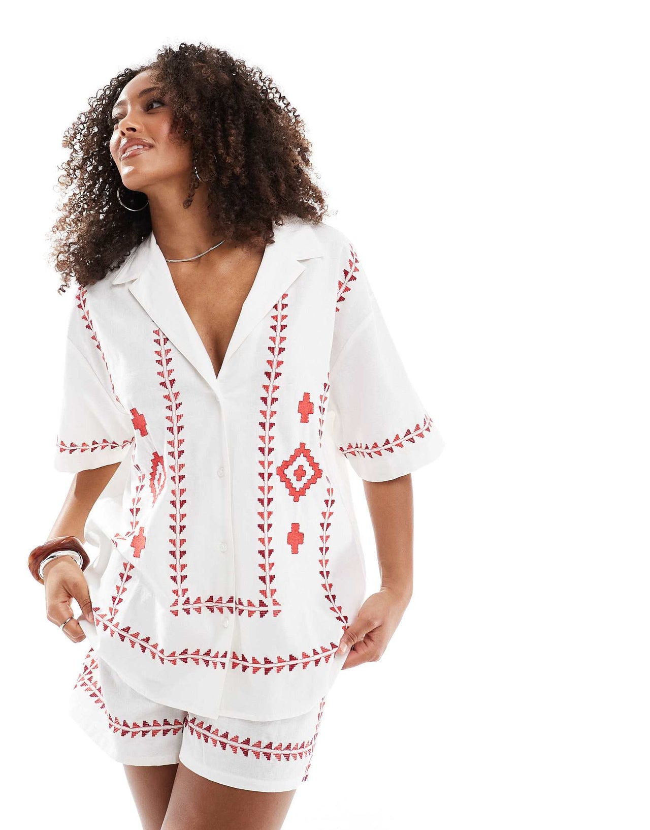 ASOS DESIGN embroidered shirt co-ord in red and white - ASOS Sample Sale