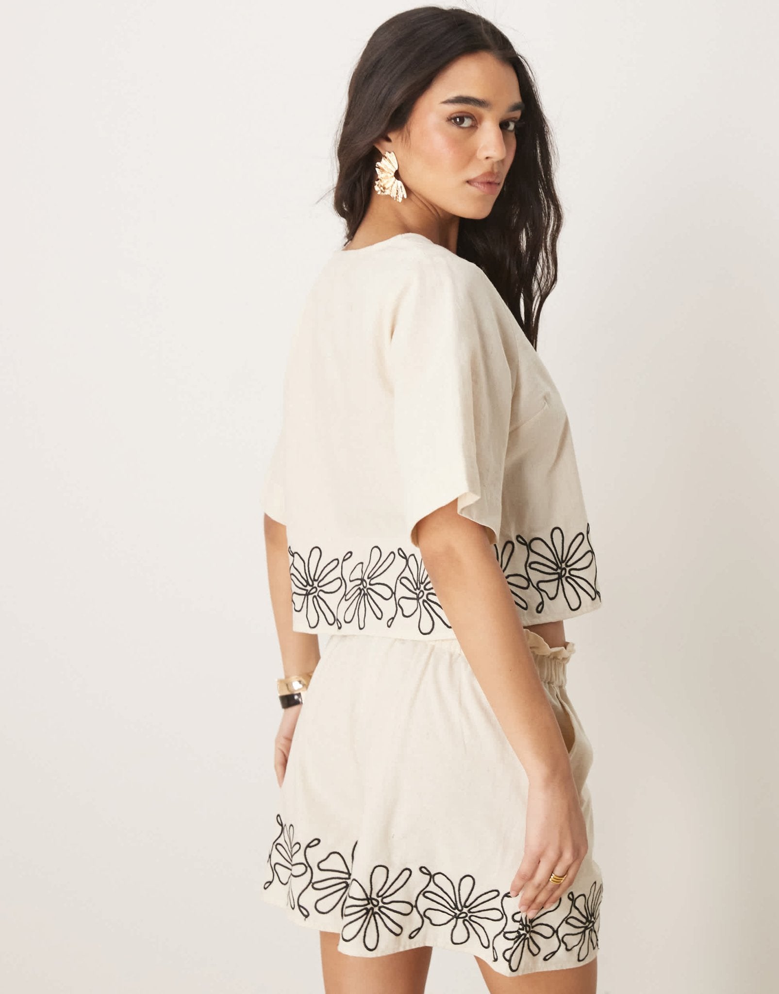 ASOS DESIGN embroidered tie front top co-ord in stone - ASOS Sample Sale