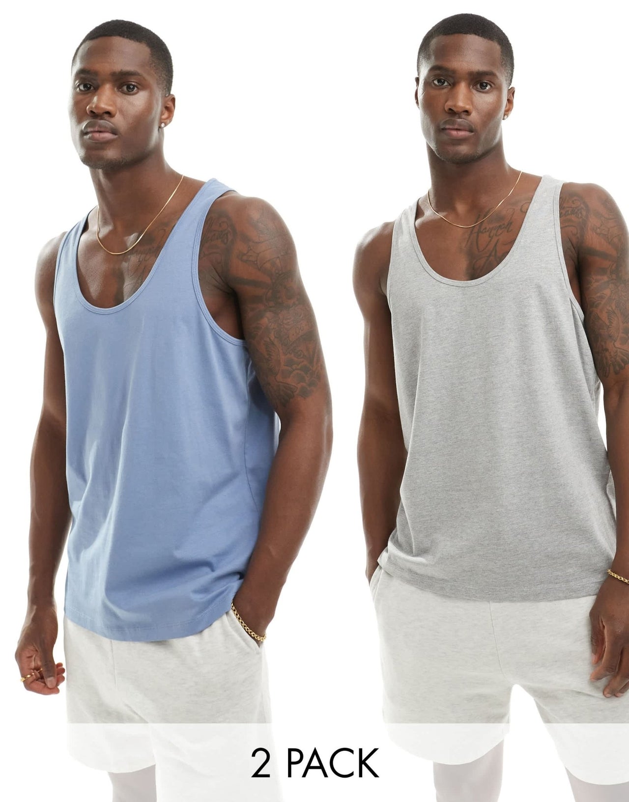ASOS DESIGN essentials 2 pack vests in grey marl and mid blue - ASOS Sample Sale