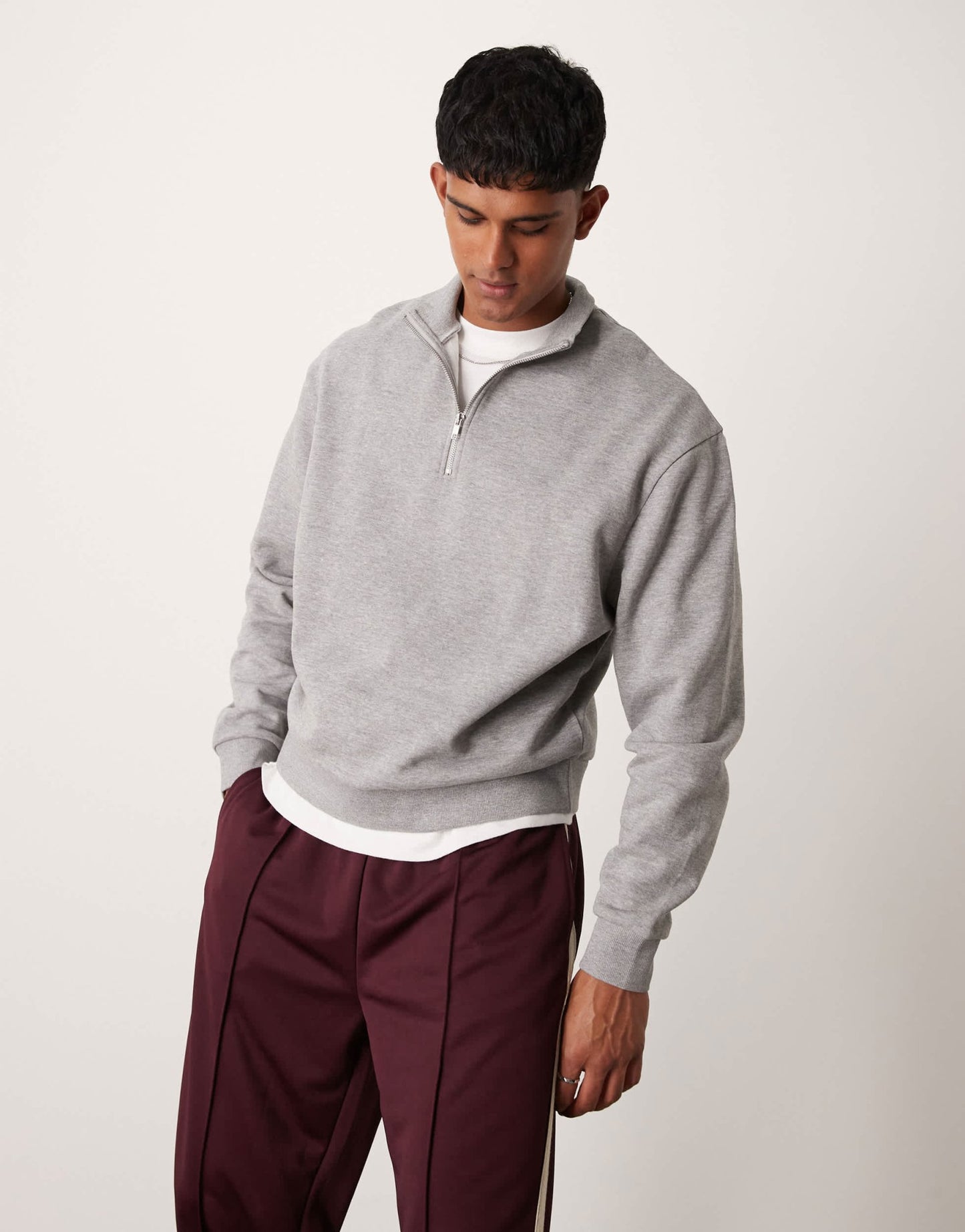 ASOS DESIGN essentials boxy relaxed sweatshirt with quarter zip in grey marl - ASOS Sample Sale