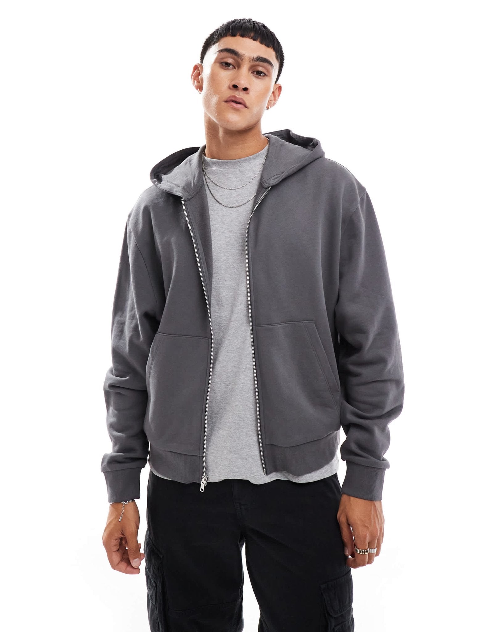 ASOS DESIGN essentials boxy relaxed zip through hoodie in charcoal - ASOS Sample Sale