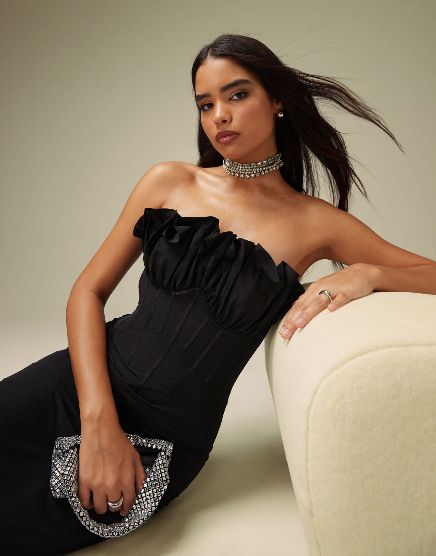 ASOS DESIGN exaggerated ruffle bandeau corset midi dress in black - ASOS Sample Sale