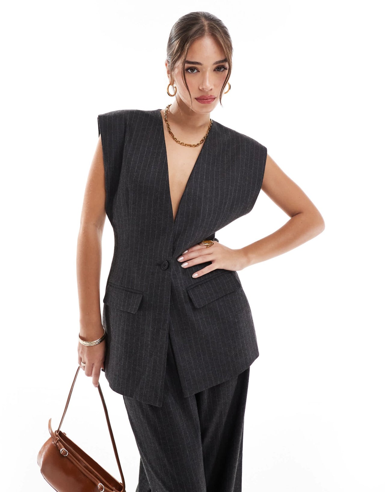 ASOS DESIGN exaggerated shoulder waistcoat in charcoal stripe - ASOS Sample Sale