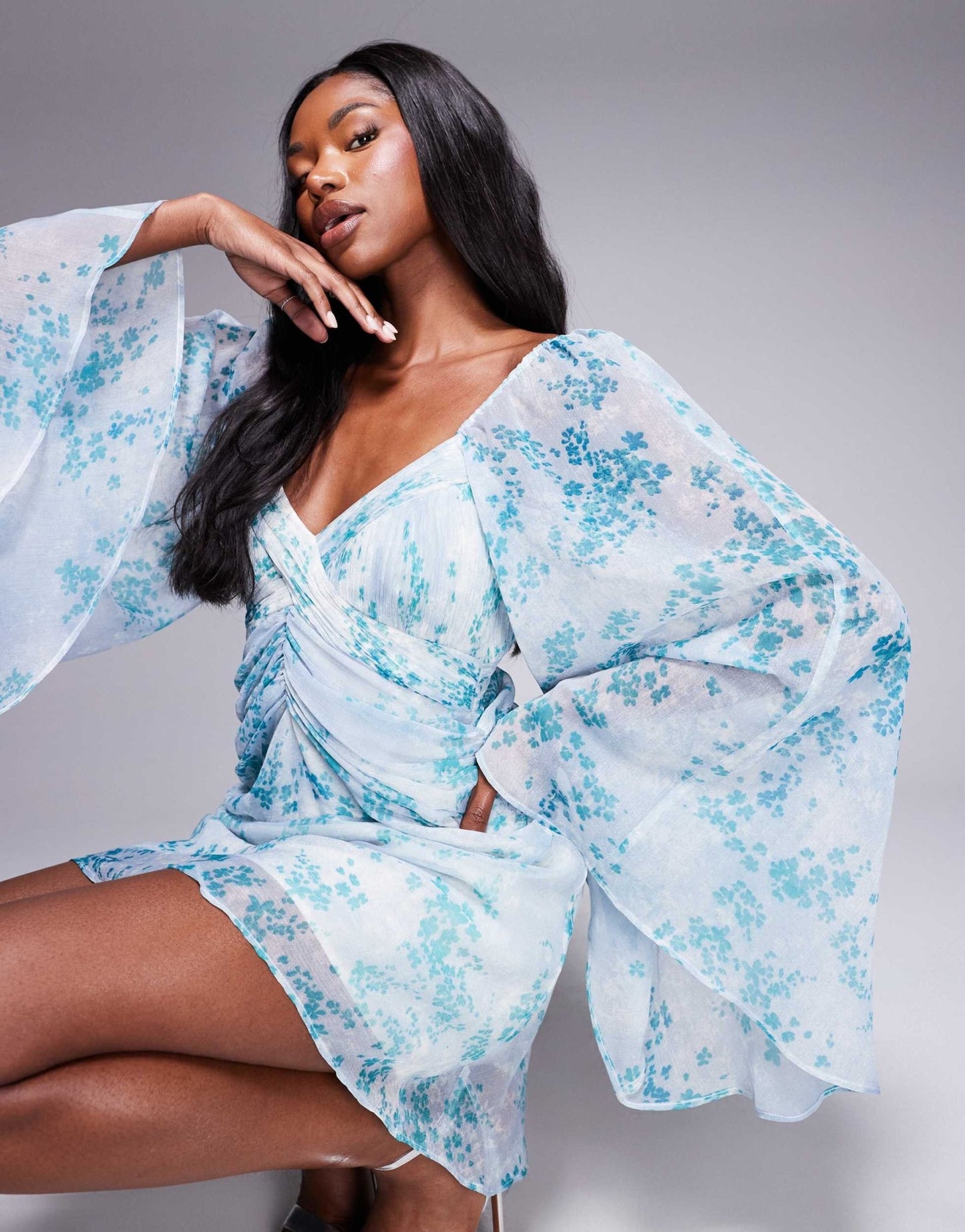 ASOS DESIGN exaggerated sleeve ruched mini dress in blue floral print - ASOS Sample Sale