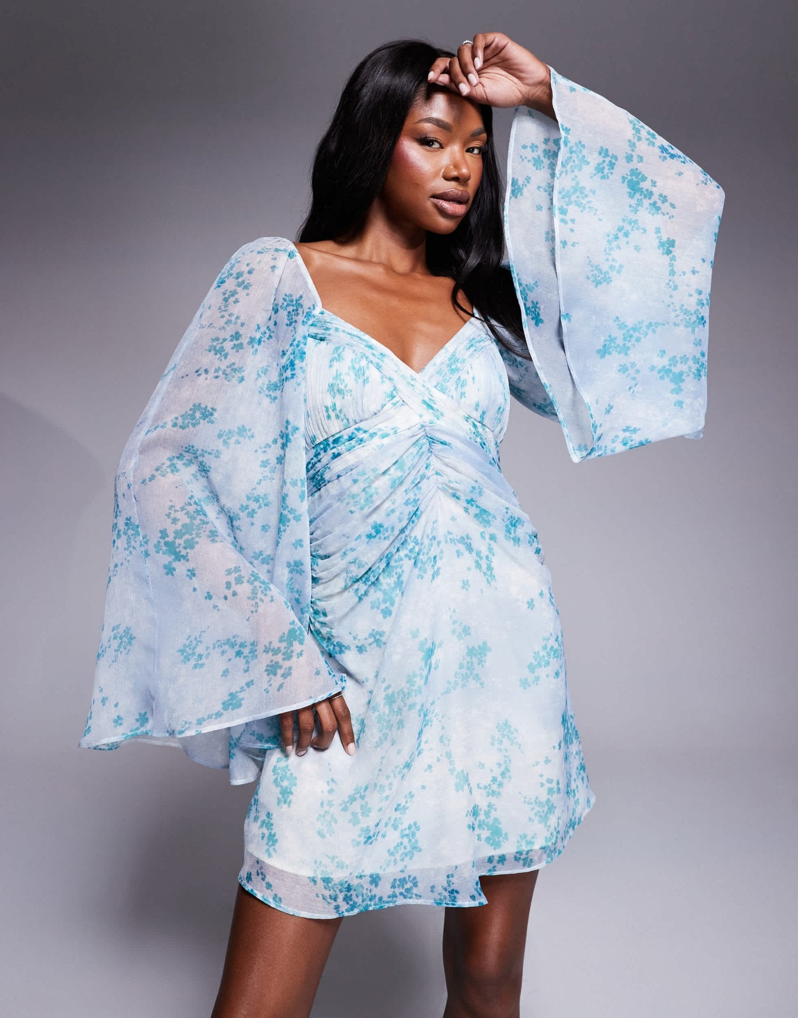 ASOS DESIGN exaggerated sleeve ruched mini dress in blue floral print - ASOS Sample Sale