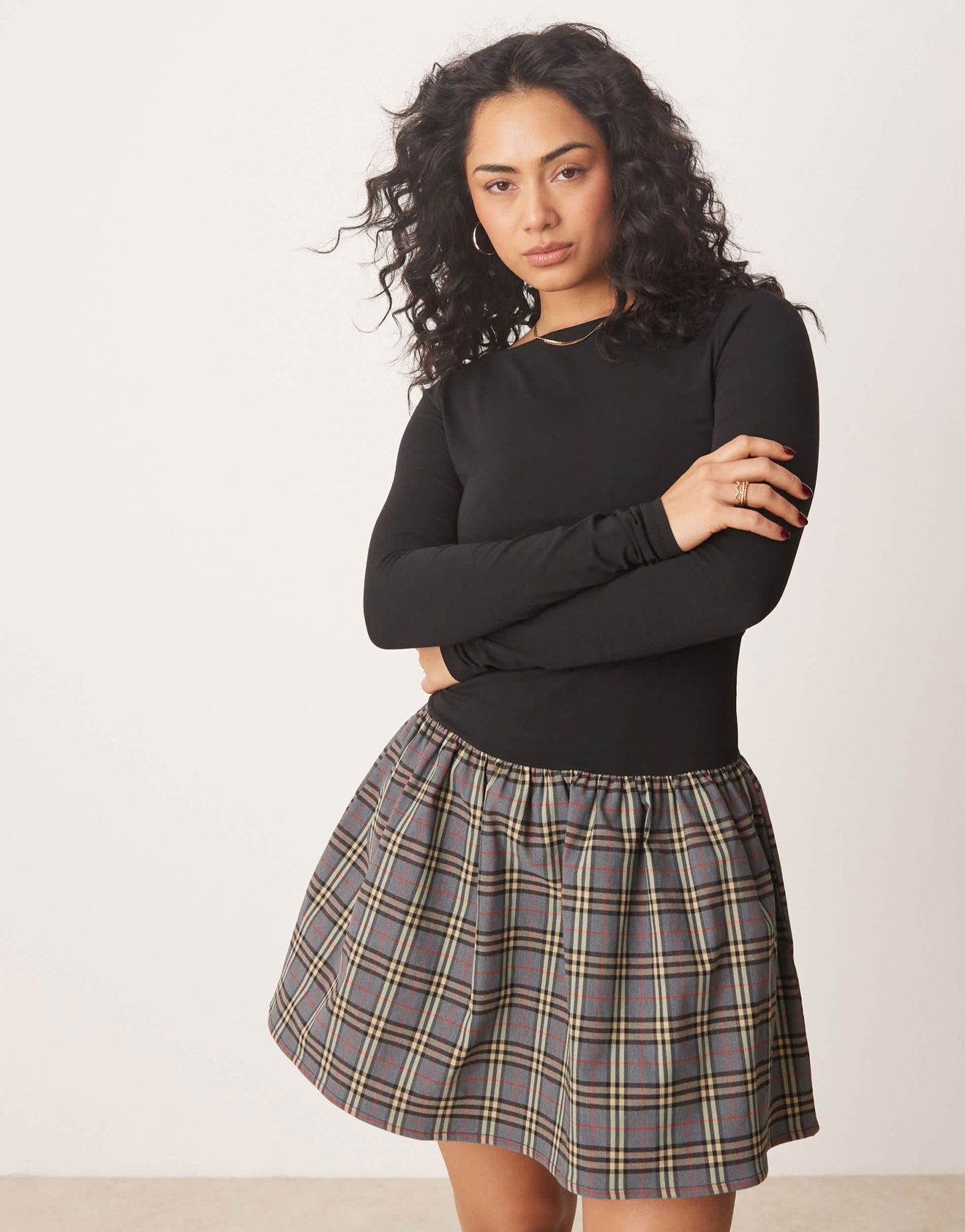 ASOS DESIGN fabric mix mini dress in black check - ASOS Sample Sale
