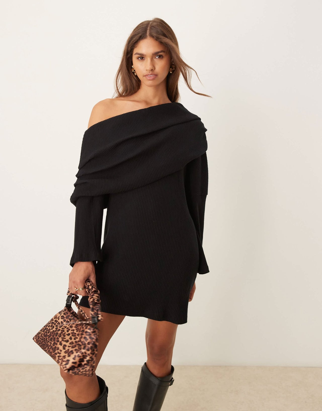 ASOS DESIGN fallen shoulder rib mini dress in black - BLACK - ASOS Sample Sale