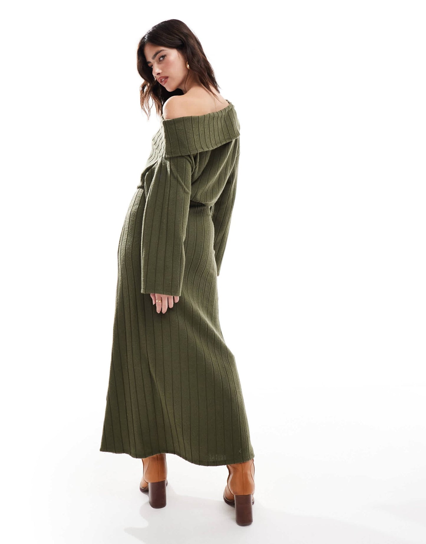 ASOS DESIGN fallen shoulder ribbed midi dress in khaki - ASOS Sample Sale