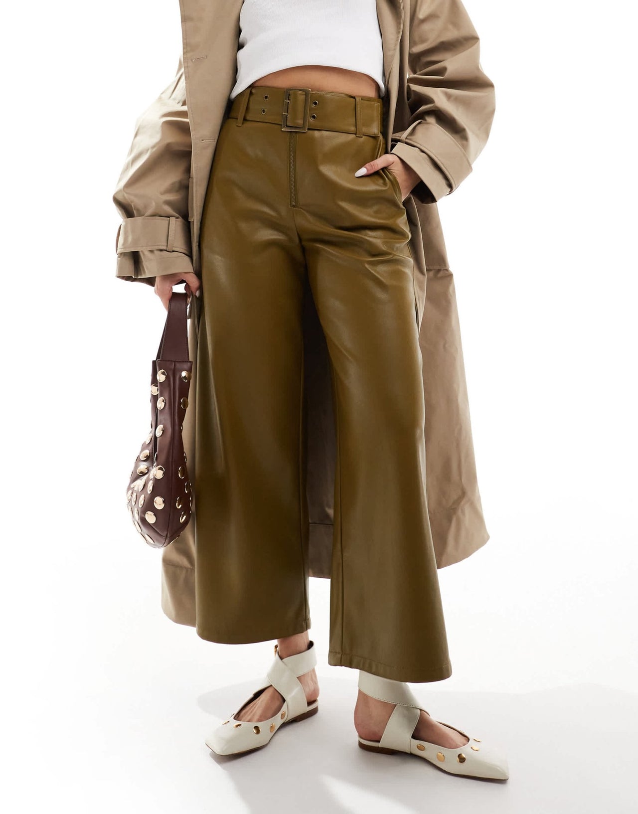 ASOS DESIGN faux leather belted trouser in khaki - ASOS Sample Sale