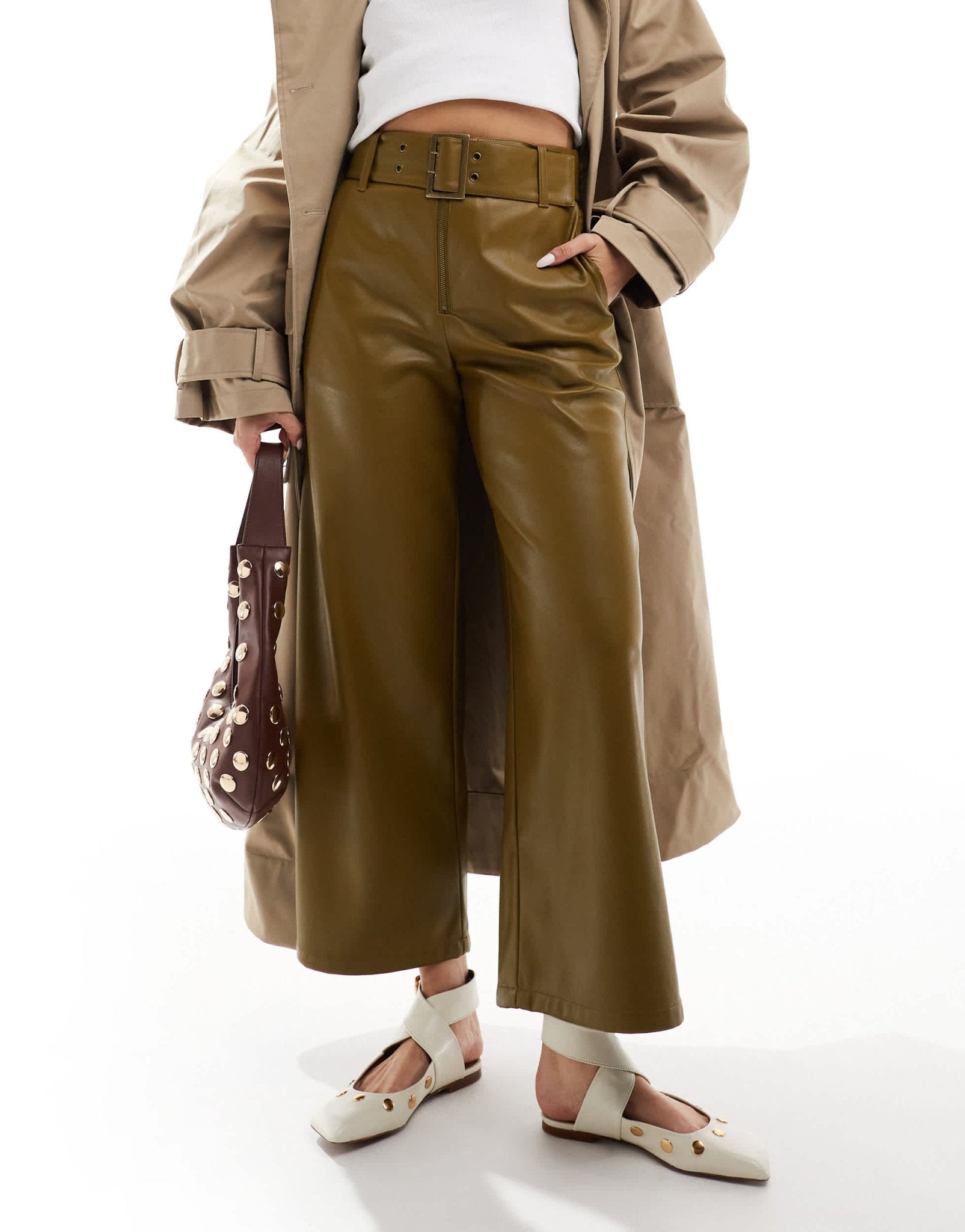ASOS DESIGN faux leather belted trouser in khaki - ASOS Sample Sale