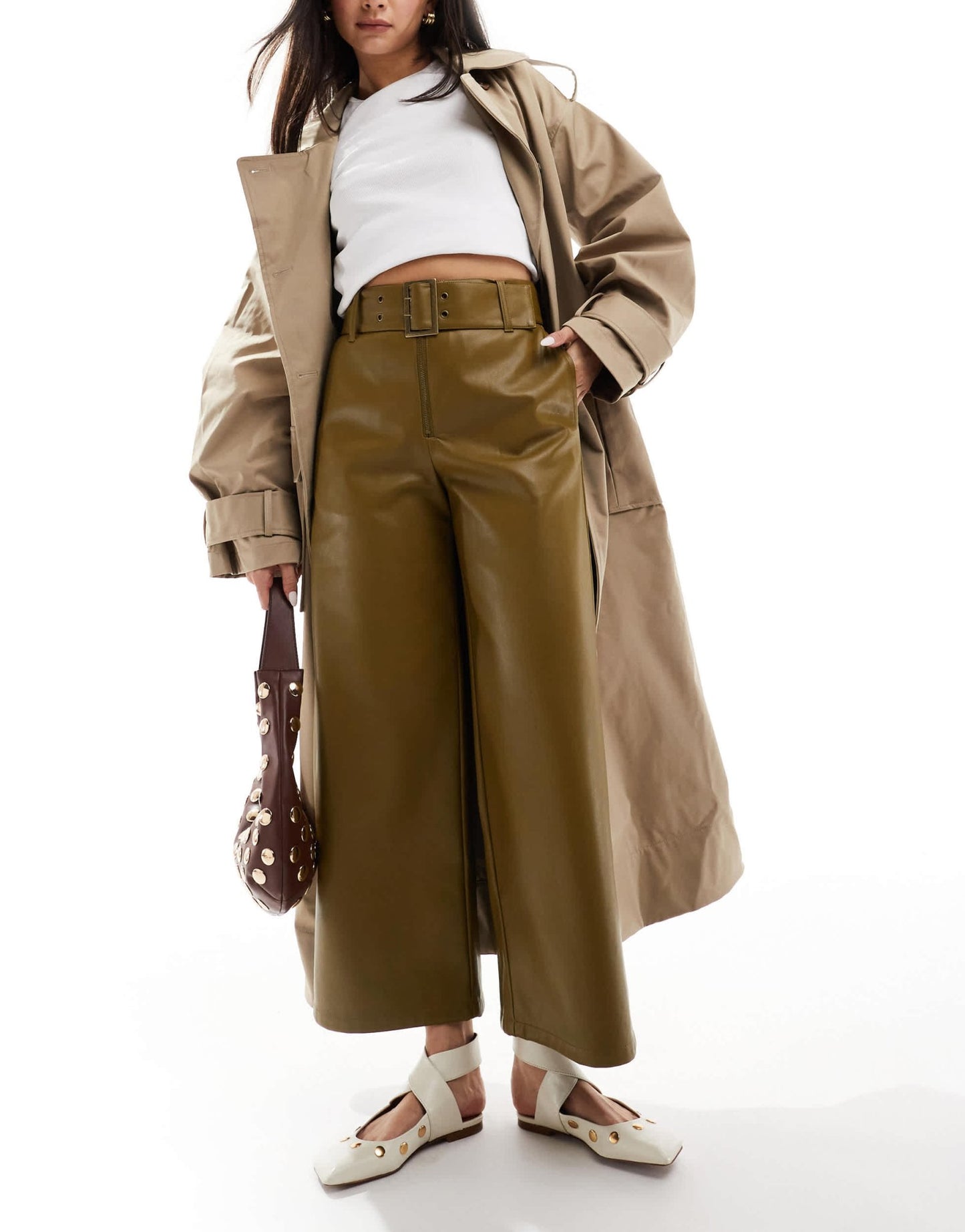 ASOS DESIGN faux leather belted trouser in khaki - ASOS Sample Sale