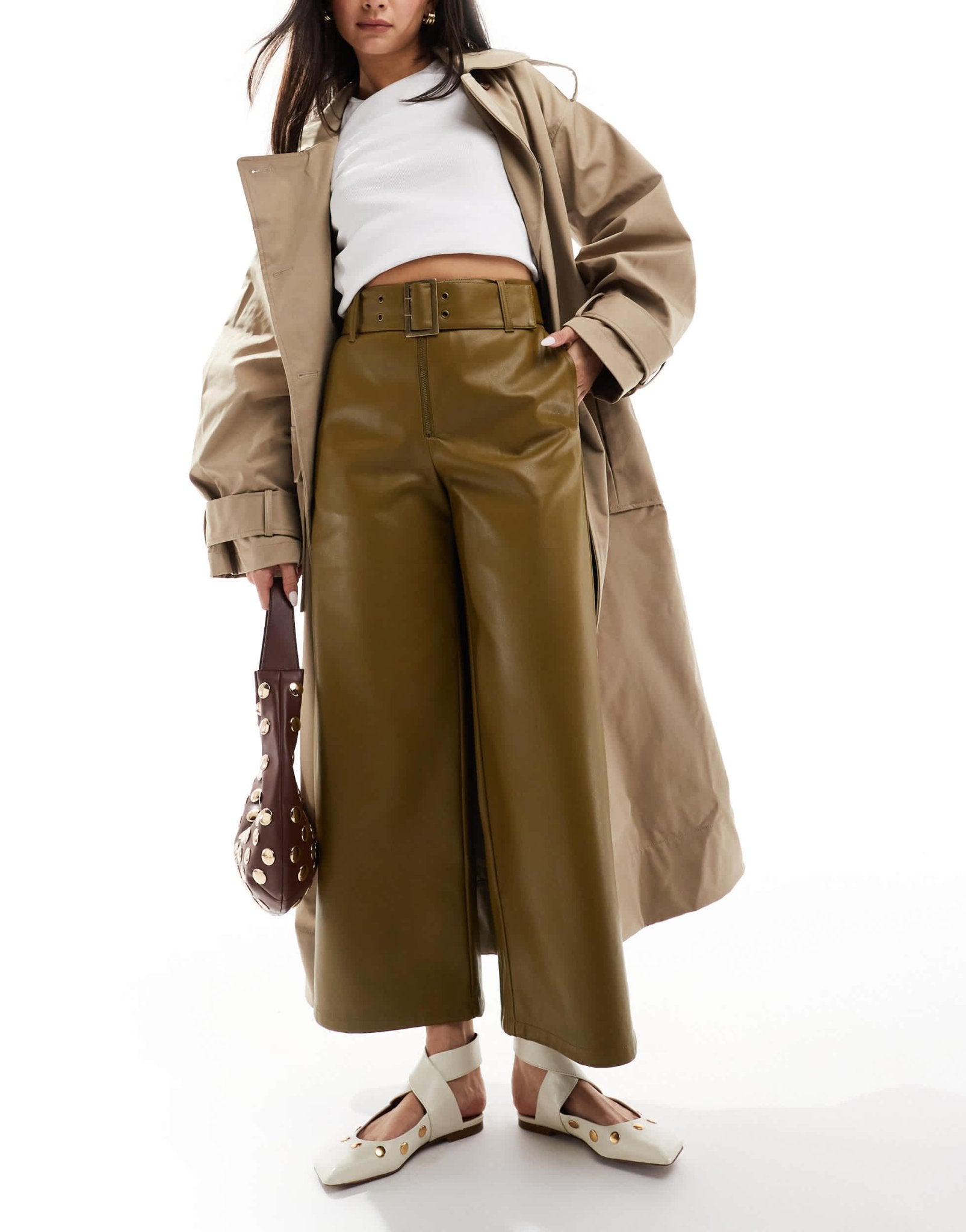 ASOS DESIGN faux leather belted trouser in khaki - ASOS Sample Sale