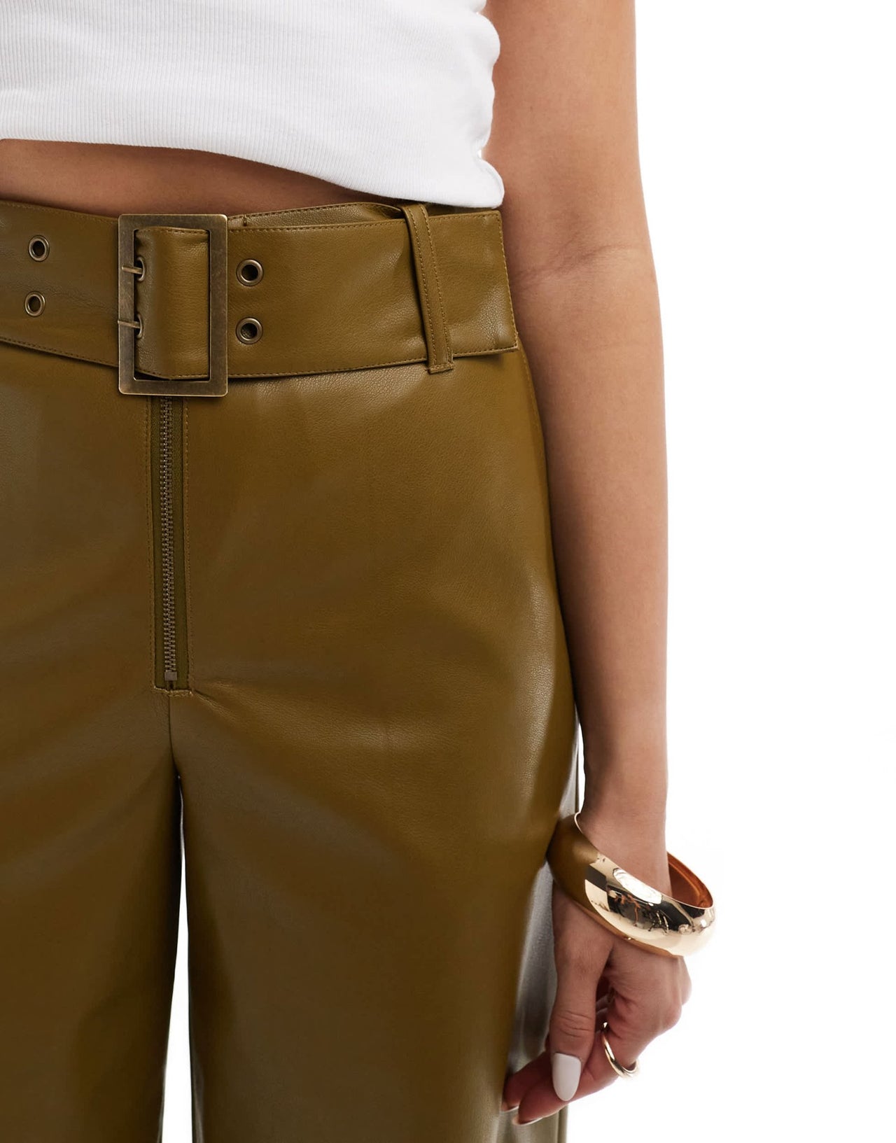 ASOS DESIGN faux leather belted trouser in khaki - ASOS Sample Sale