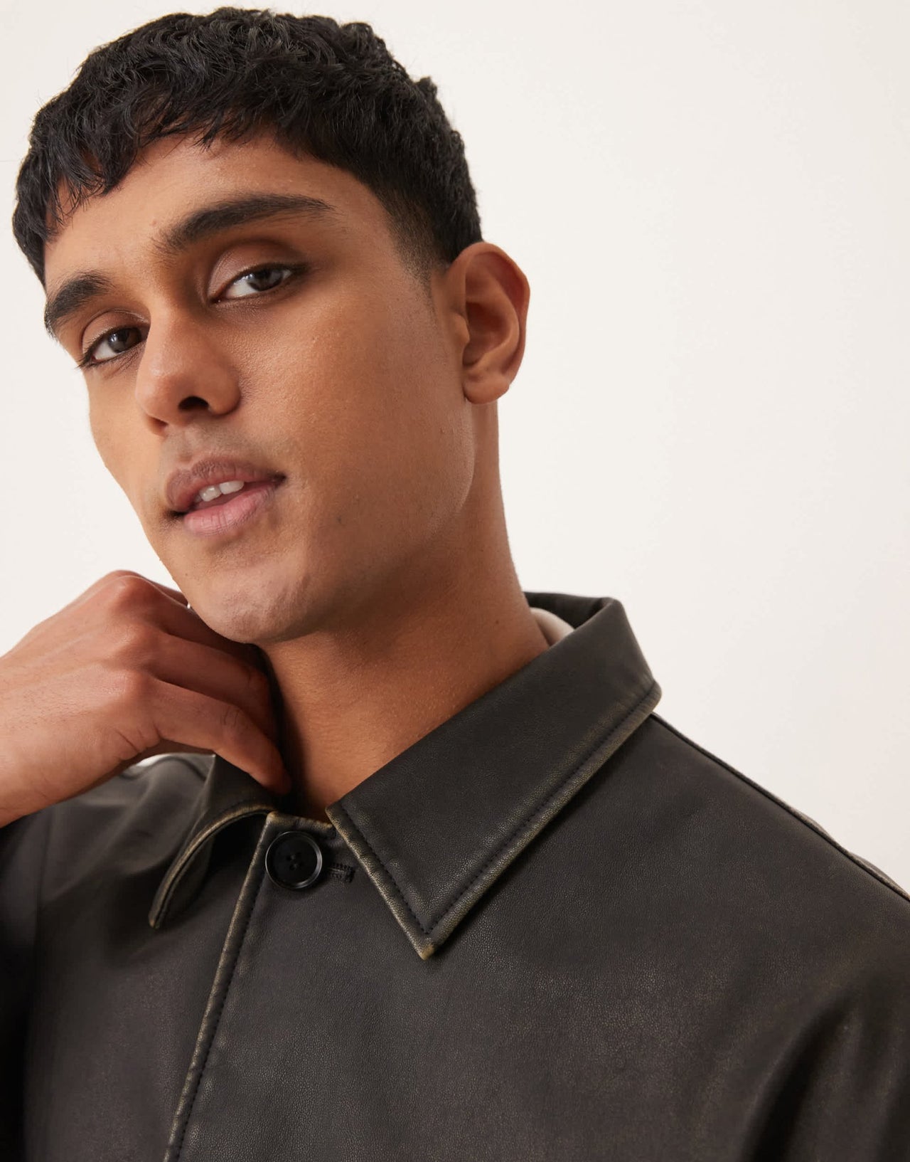 ASOS DESIGN faux leather boxy harrington jacket in washed brown - ASOS Sample Sale